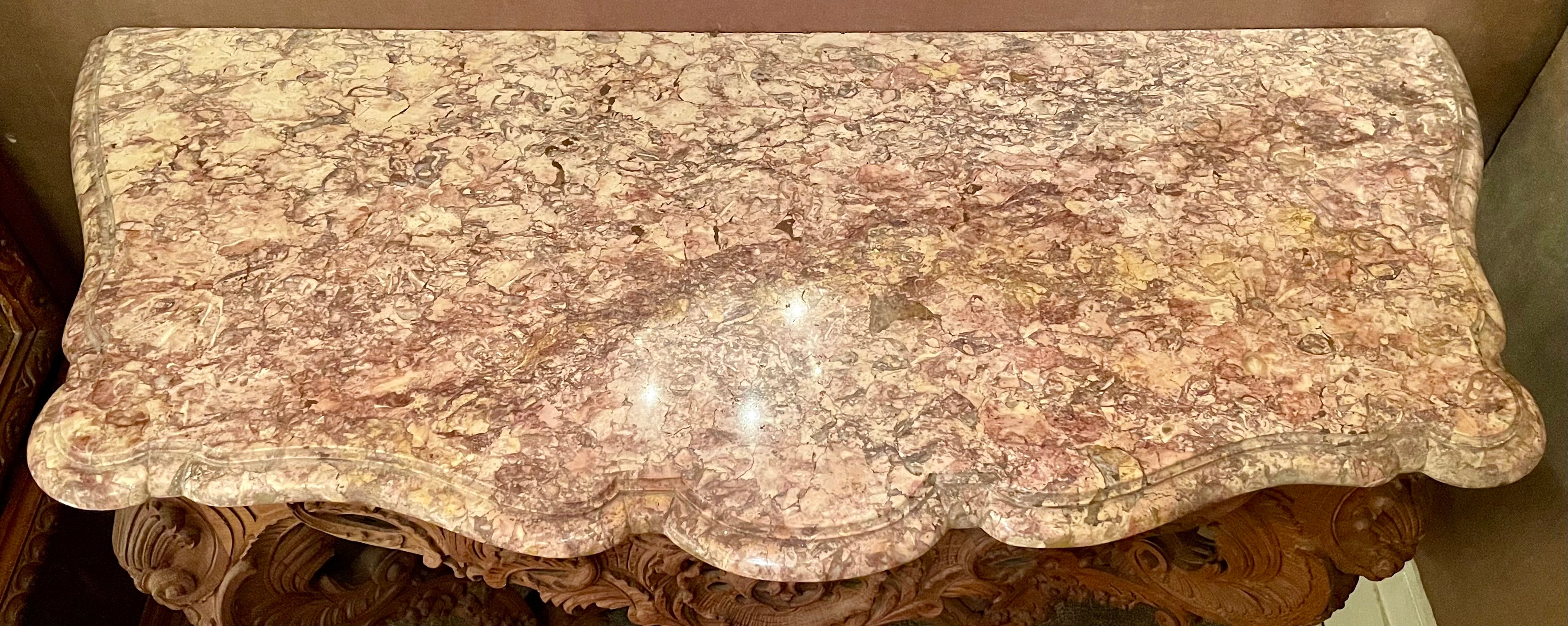 Pair Antique French Régence Carved Oak Marble Top Console Tables, Circa 1880. For Sale 2
