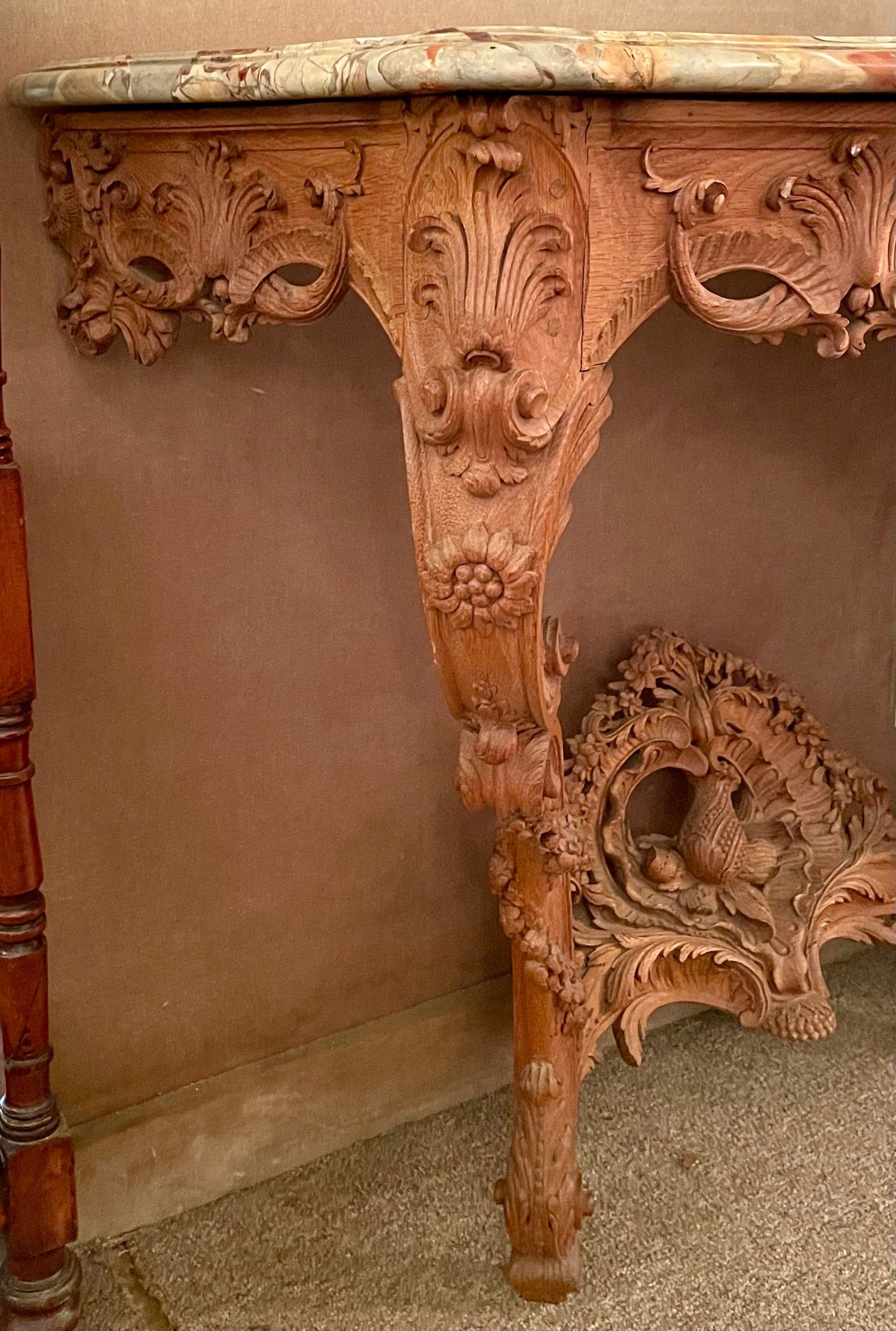 Pair Antique French Régence Carved Oak Marble Top Console Tables, Circa 1880. For Sale 4
