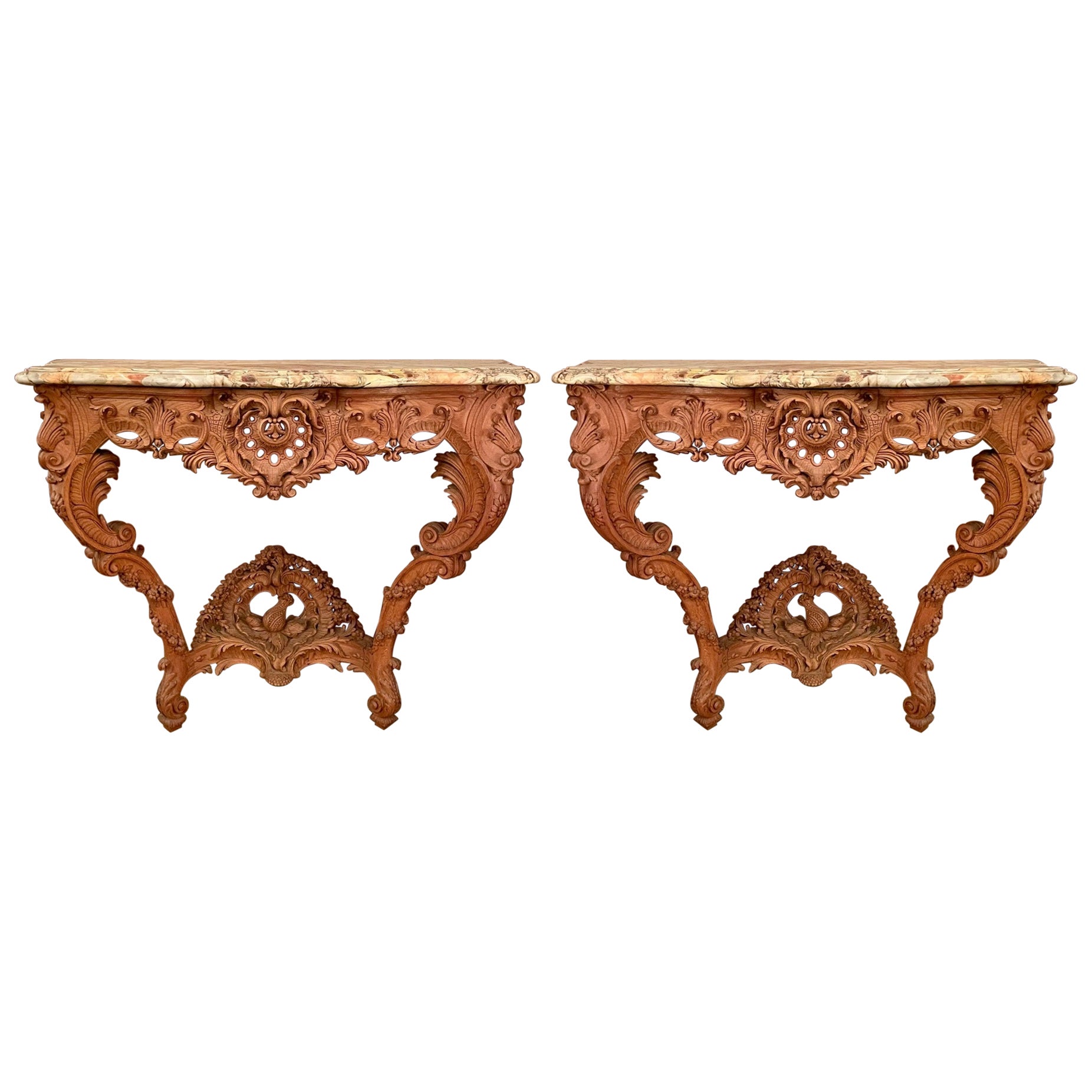 Paire d'anciennes tables consoles en chêne sculpté de la Régence française, vers 1880. en vente