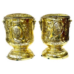 Pair Antique French Regence Chased Brass Armorial & Monogrammed Wine Coolers