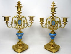 Pair of Antique French Regency Sevres Style Celeste Ormolu Candelabra