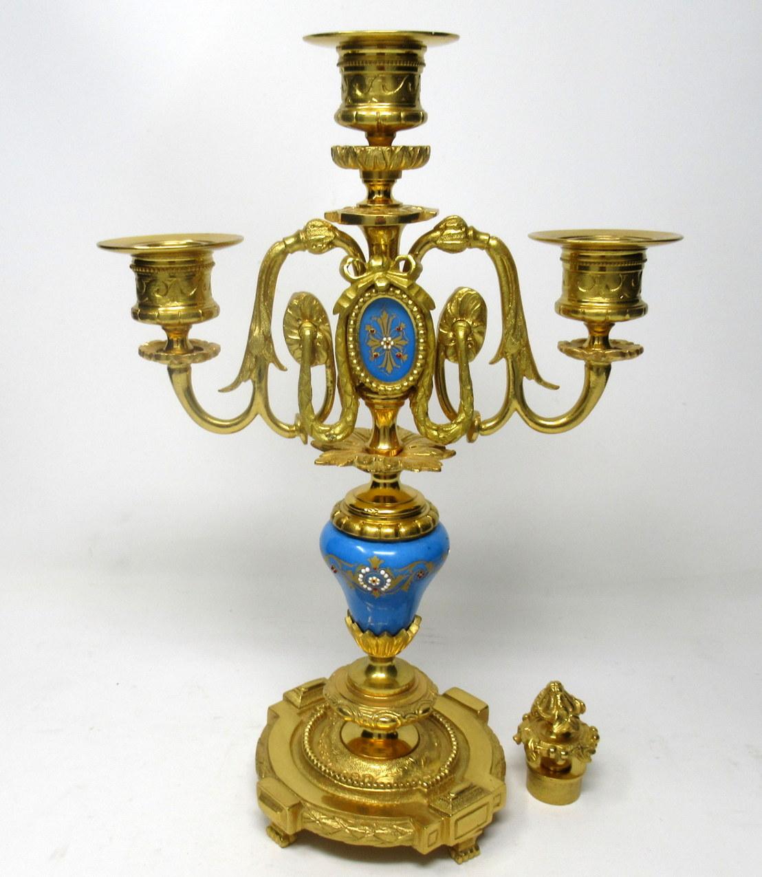 19th Century Pair of Antique French Regency Sevres Style Celeste Ormolu Candelabra