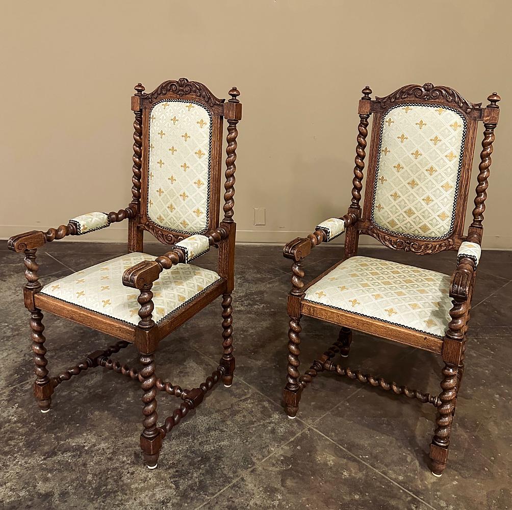 Pair Antique French Renaissance Barley Twist Armchairs will make a handsome addition to any room! Timeless styling is evident in the combination of luxurious hand carved foliate motifs melded with clockwise and counter-clockwise barley twist columns