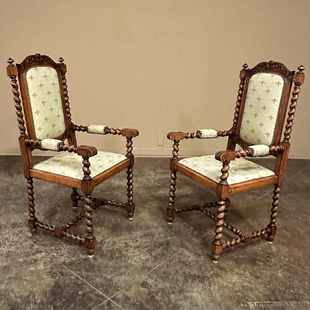 Hand-Crafted Pair Antique French Renaissance Barley Twist Armchairs For Sale