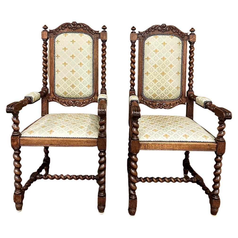 Pair Antique French Renaissance Barley Twist Armchairs For Sale