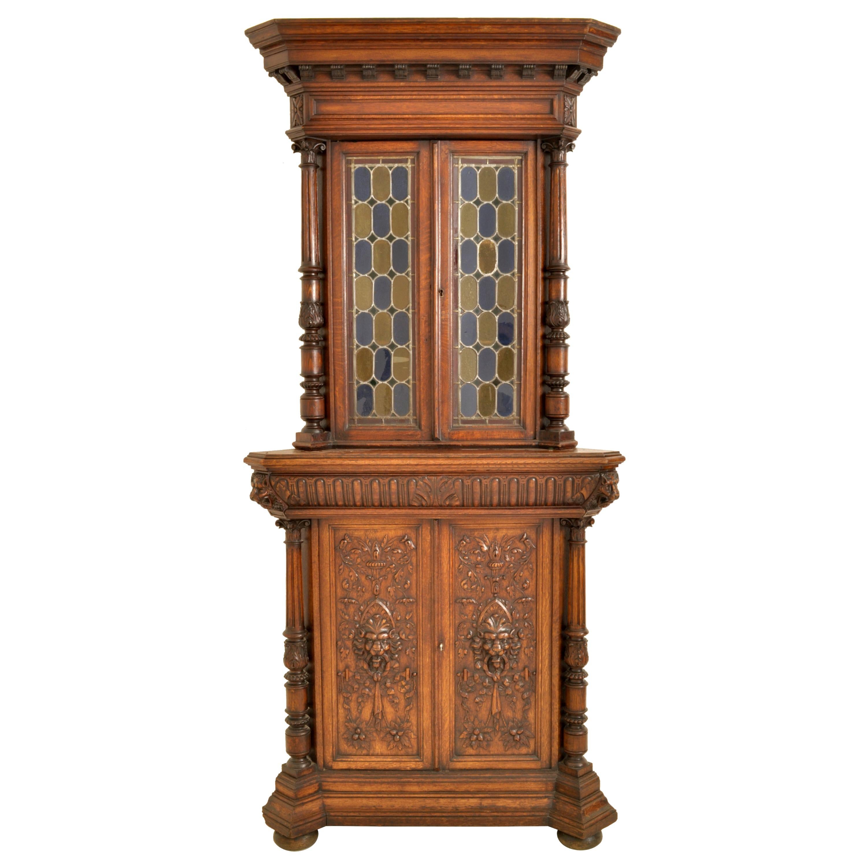 Pair Antique French Renaissance Revival Carved Oak Stained Glass Corner Cabinets 4