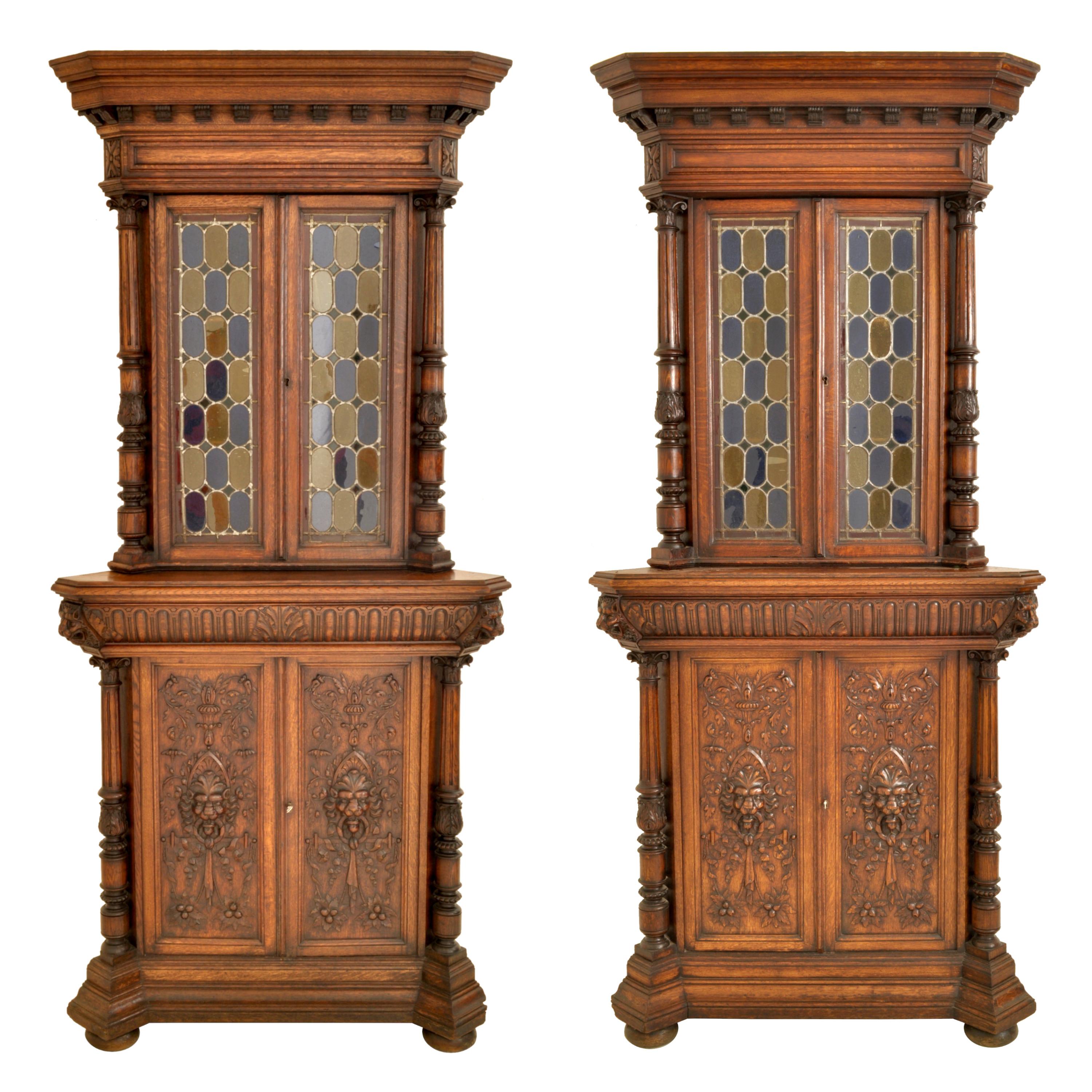 Pair Antique French Renaissance Revival Carved Oak Stained Glass Corner Cabinets