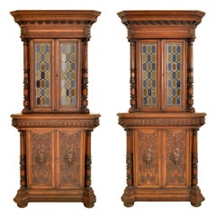 Pair Antique French Renaissance Revival Carved Oak Stained Glass Corner Cabinets