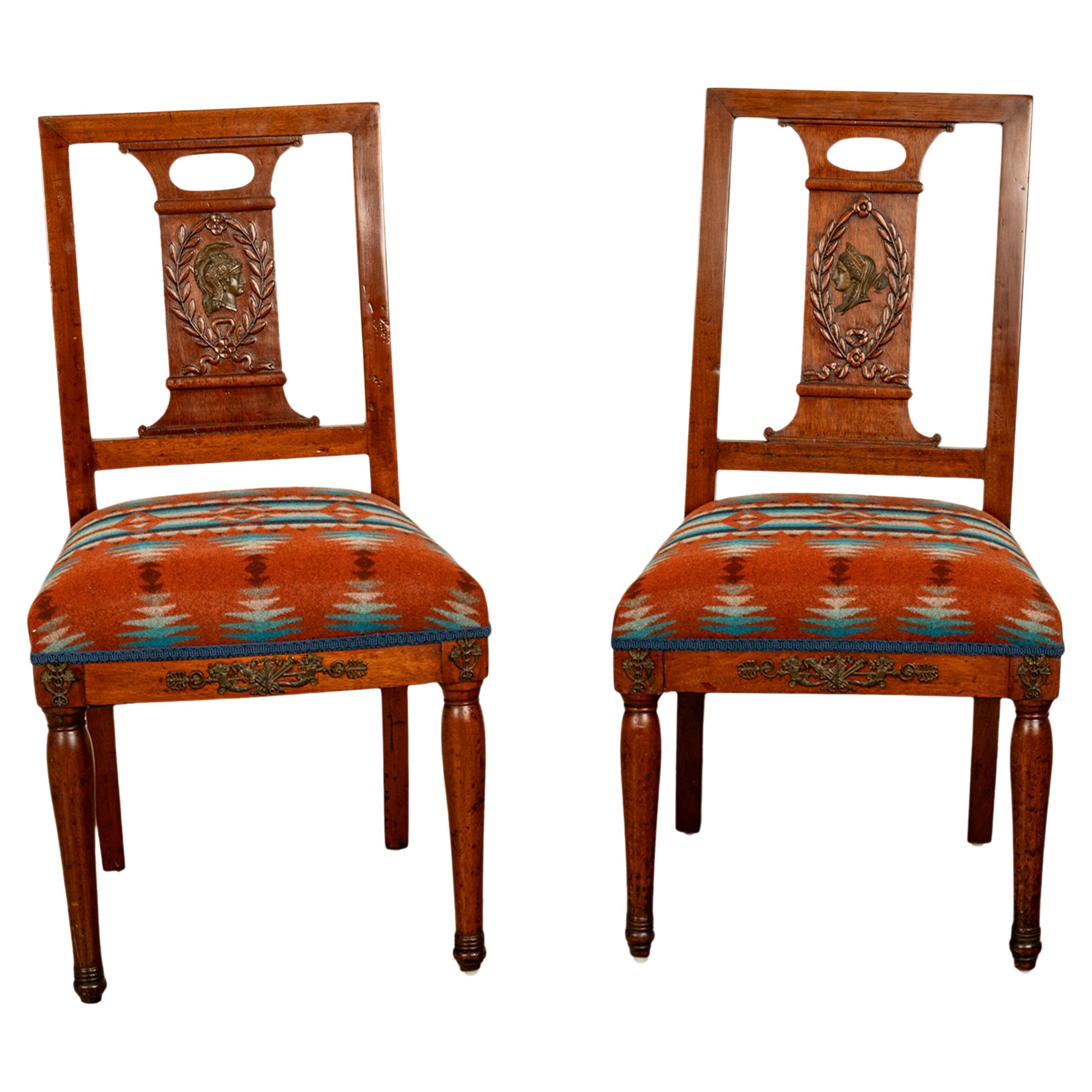 Pareja Antique French Restauration Sillas grecorromanas para él y para ella Tela Pendleton en venta