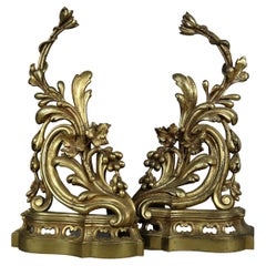 Pair Antique French Rococo Foliate Form Gilt Bronze Fireplace Chenets, 19th C
