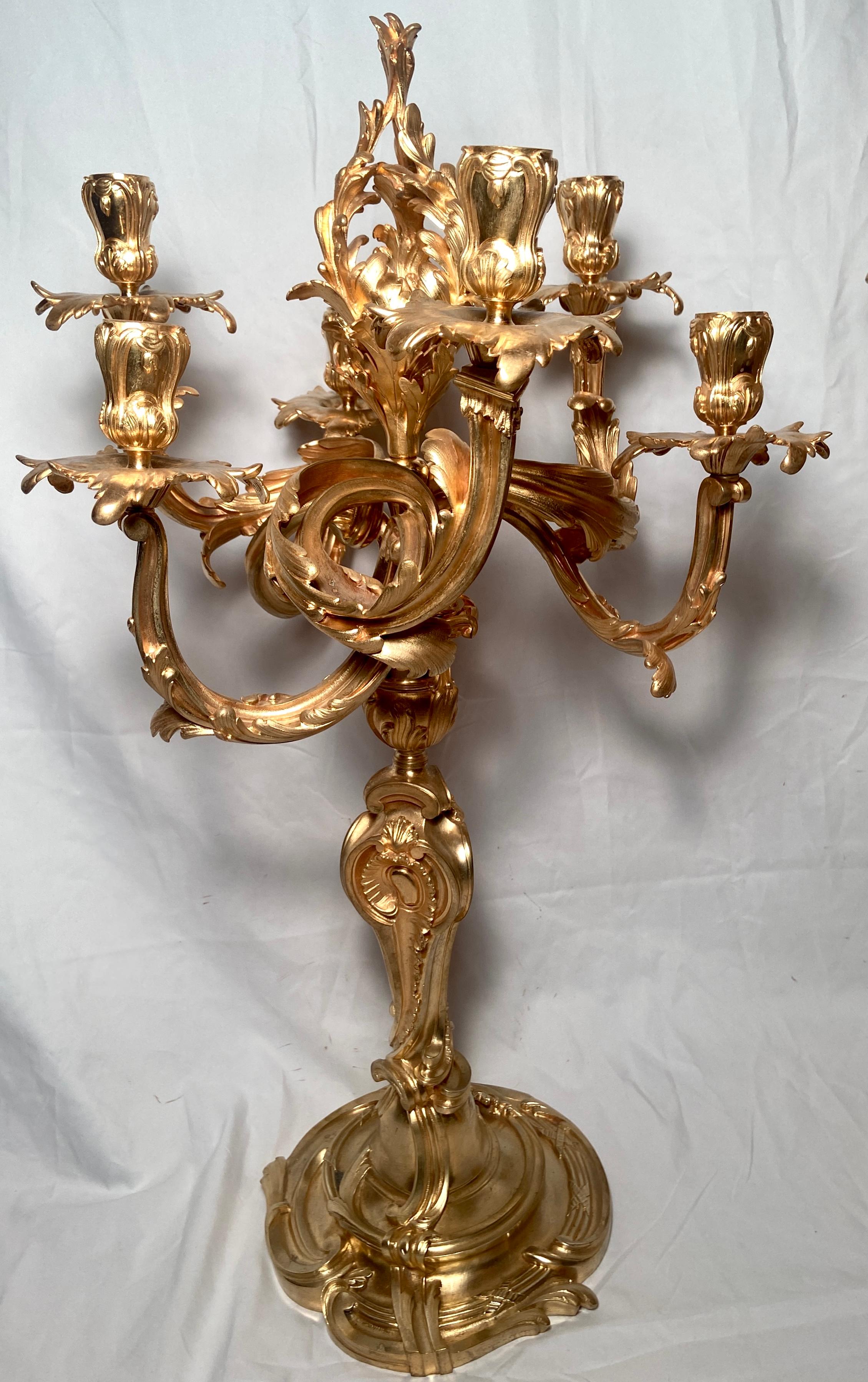 Pair magnificent antique French rococo gold bronze candelabra signed 