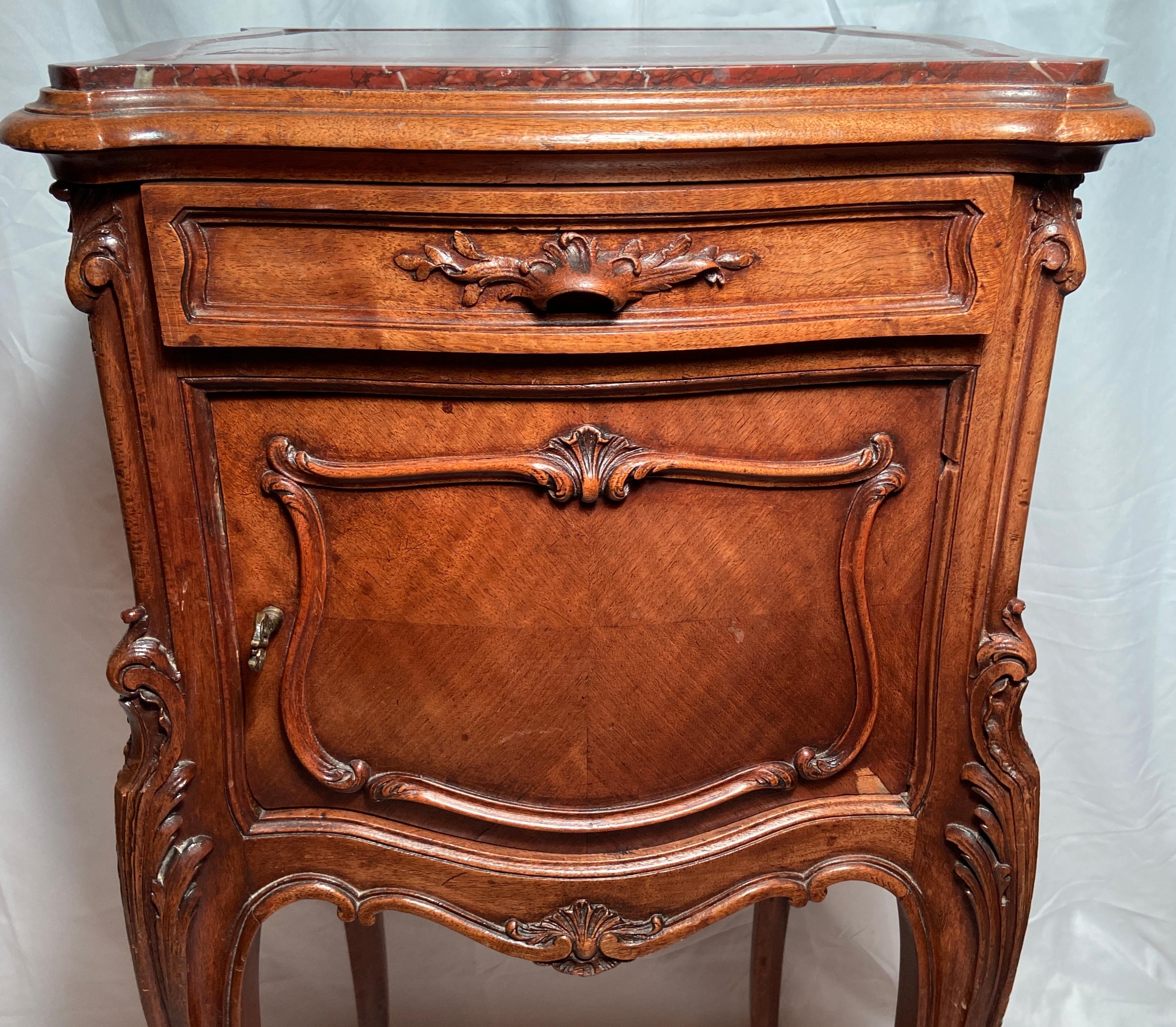 Pair Antique French Rosewood and Rouge Marble-Top Bedside Tables, Circa 1870 In Good Condition In New Orleans, LA