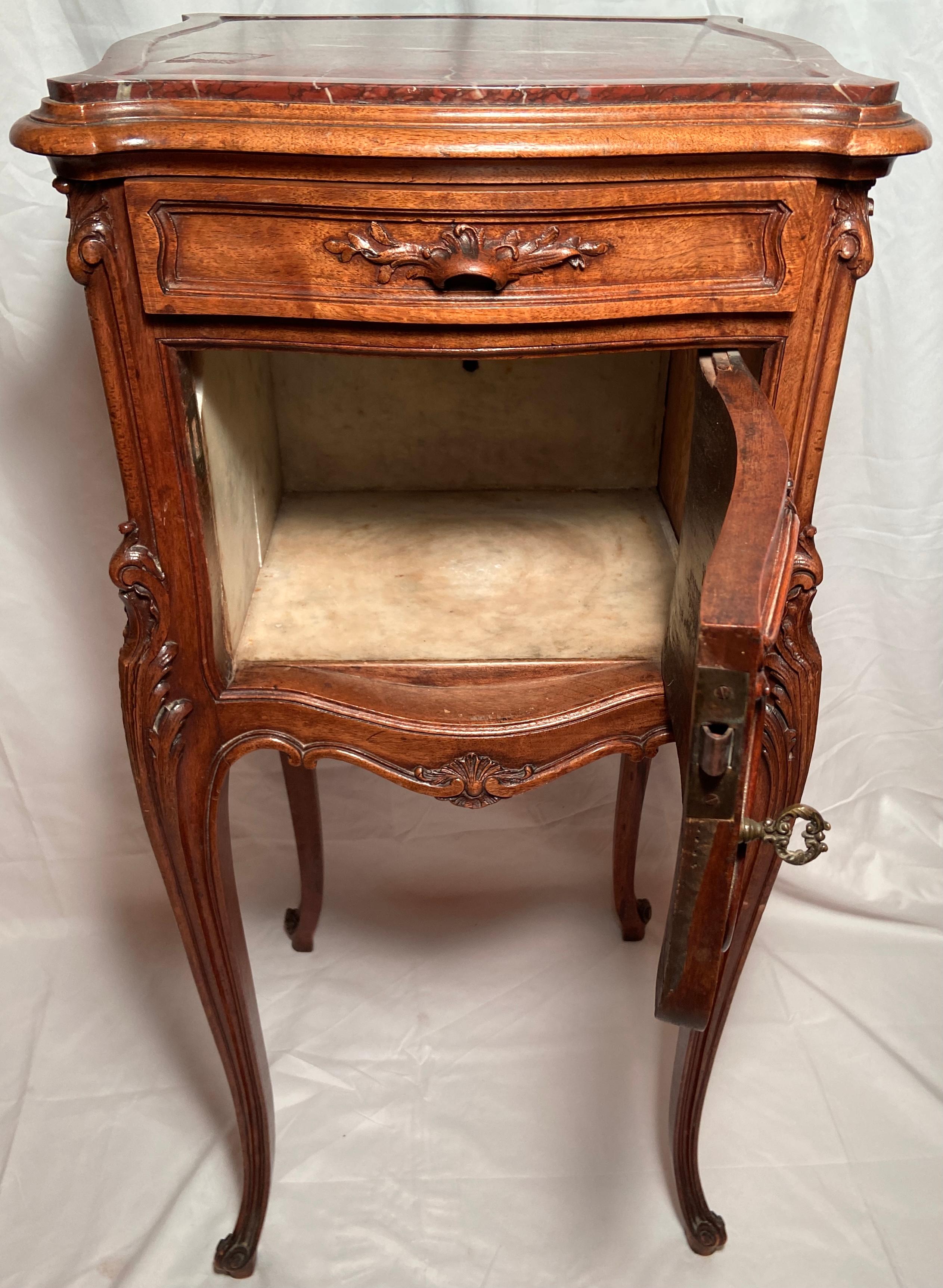 19th Century Pair Antique French Rosewood and Rouge Marble-Top Bedside Tables, Circa 1870