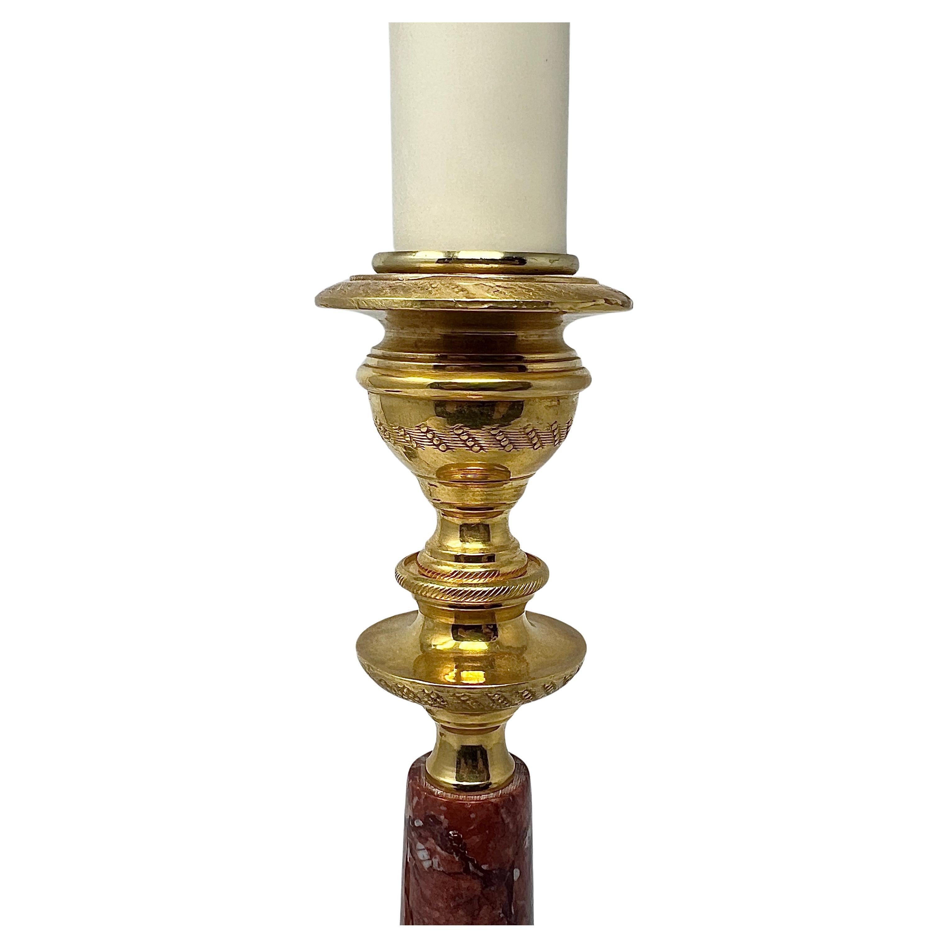 19th Century Pair Antique French Rouge Marble & Gold Bronze Candle Lamps, Circa 1890-1910. For Sale