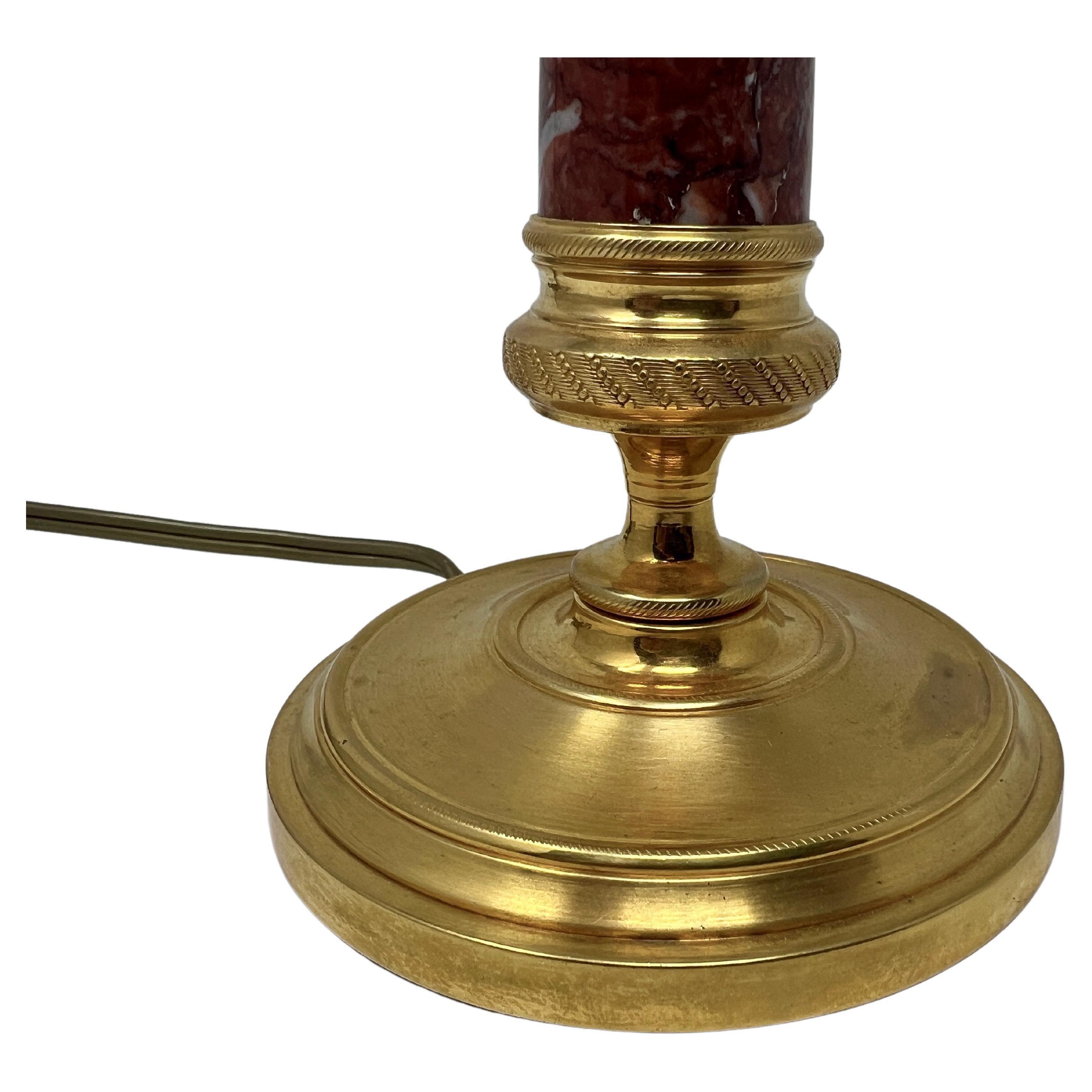 Pair Antique French Rouge Marble & Gold Bronze Candle Lamps, Circa 1890-1910. For Sale 2