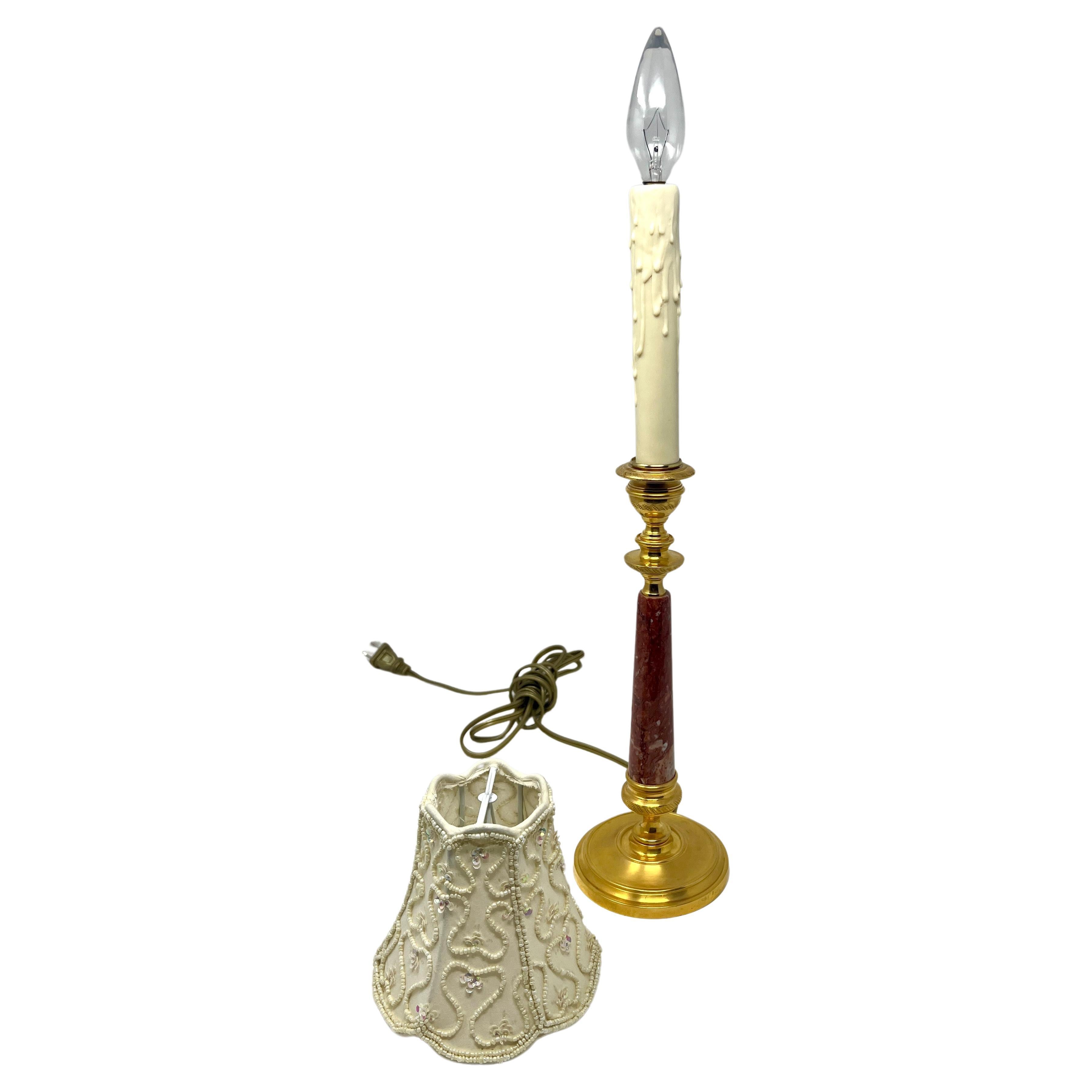 Pair Antique French Rouge Marble & Gold Bronze Candle Lamps, Circa 1890-1910. 3