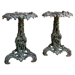 PAIR Antique French Round Side Table Grotto Rococo Cast Iron Plant Stand c1880