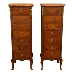 Pair Antique French Semainier Ormolu Inlaid Lingerie Marble Chests Dressers 1900