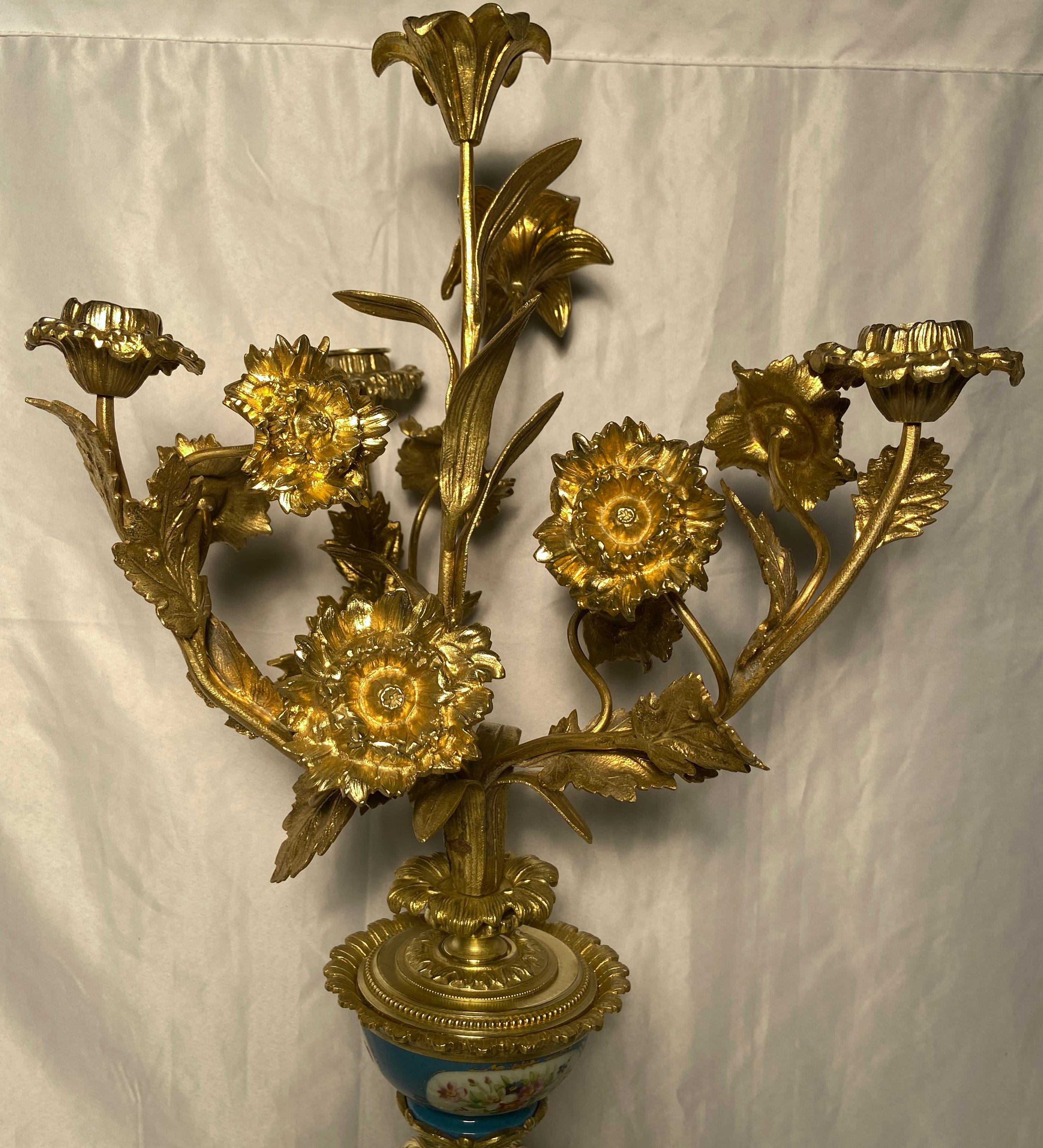 19th Century Pair Antique French Sèvres Blue Porcelain & Gold Bronze Candelabra, Ca 1885-1895 For Sale