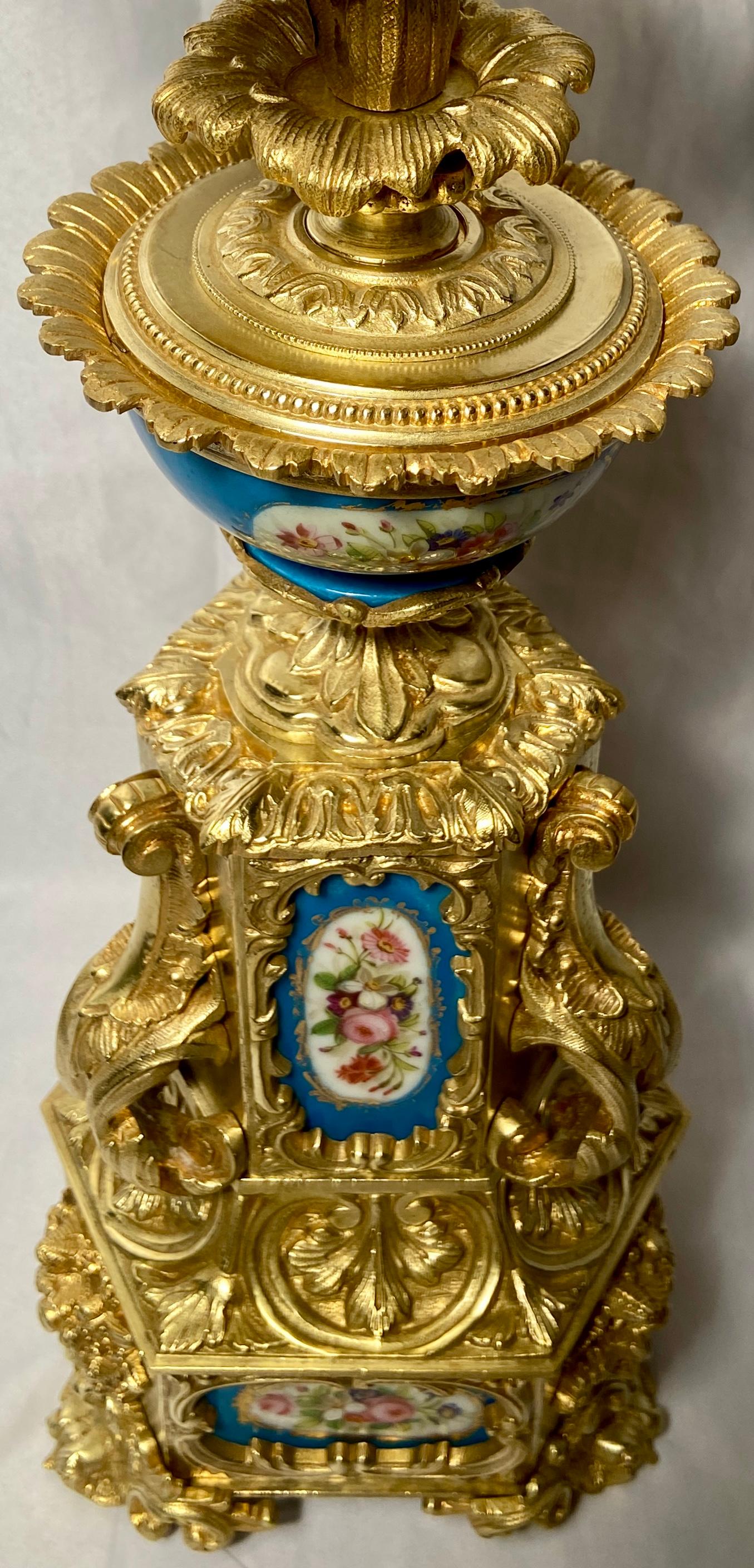 Pair Antique French Sèvres Blue Porcelain & Gold Bronze Candelabra, Ca 1885-1895 For Sale 1
