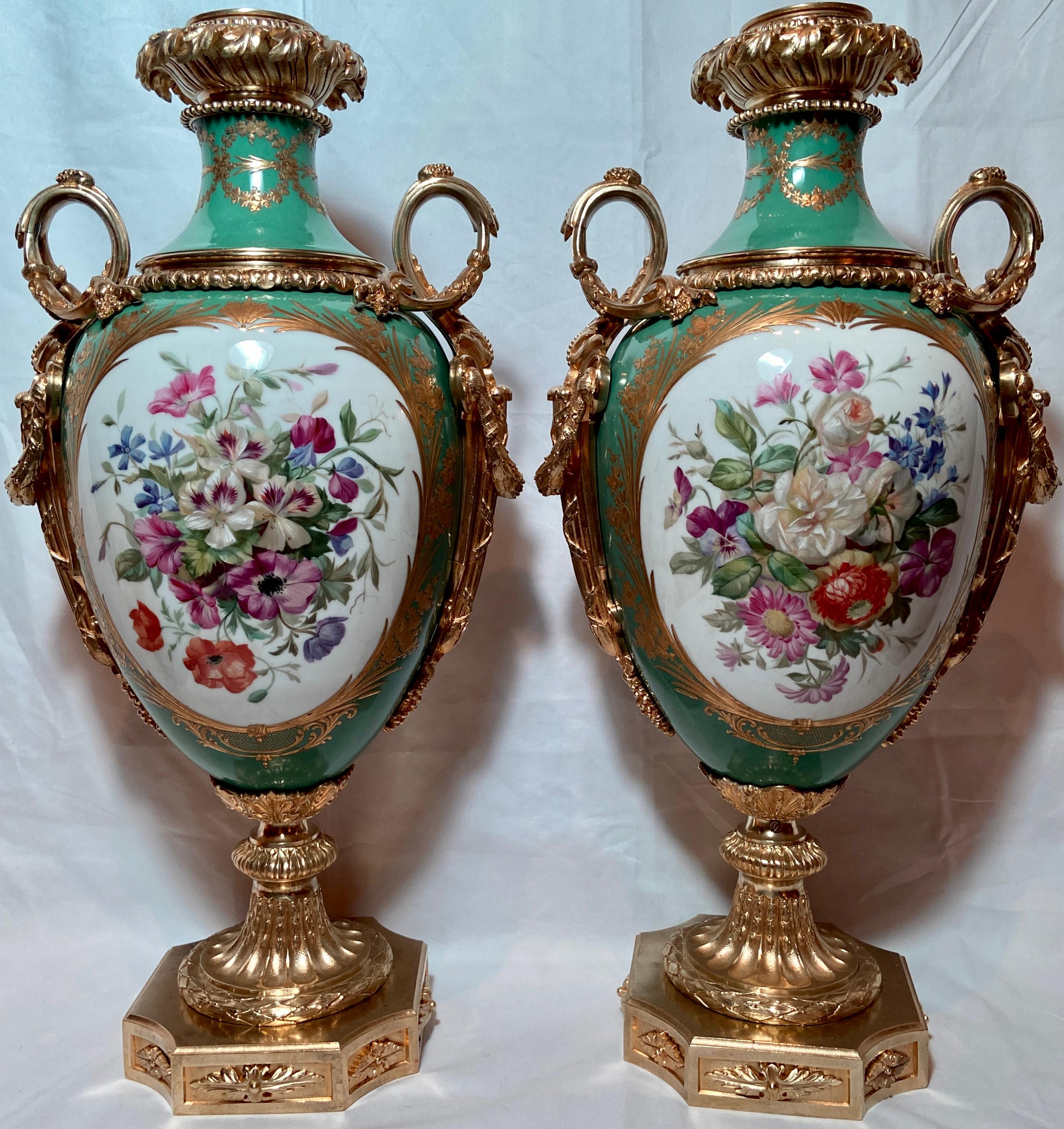 Pair Antique French Sèvres green porcelain & bronze D' Ore Urns, Circa 1880.