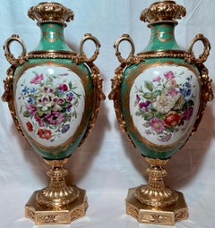 Pair Antique French Sèvres Green Porcelain & Bronze D' Ore Urns, circa 1880
