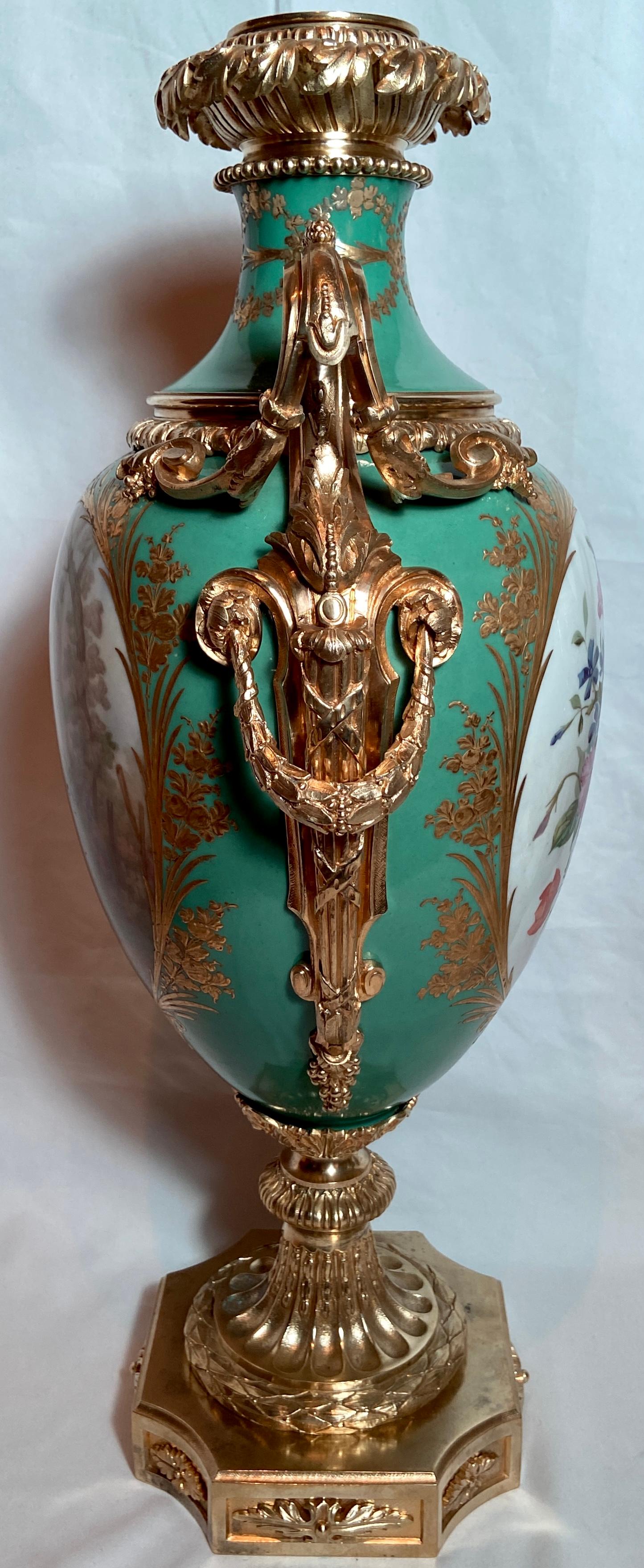 19th Century Pair Antique French Sèvres Green Porcelain & Bronze D' Ore Urns, circa 1880 For Sale