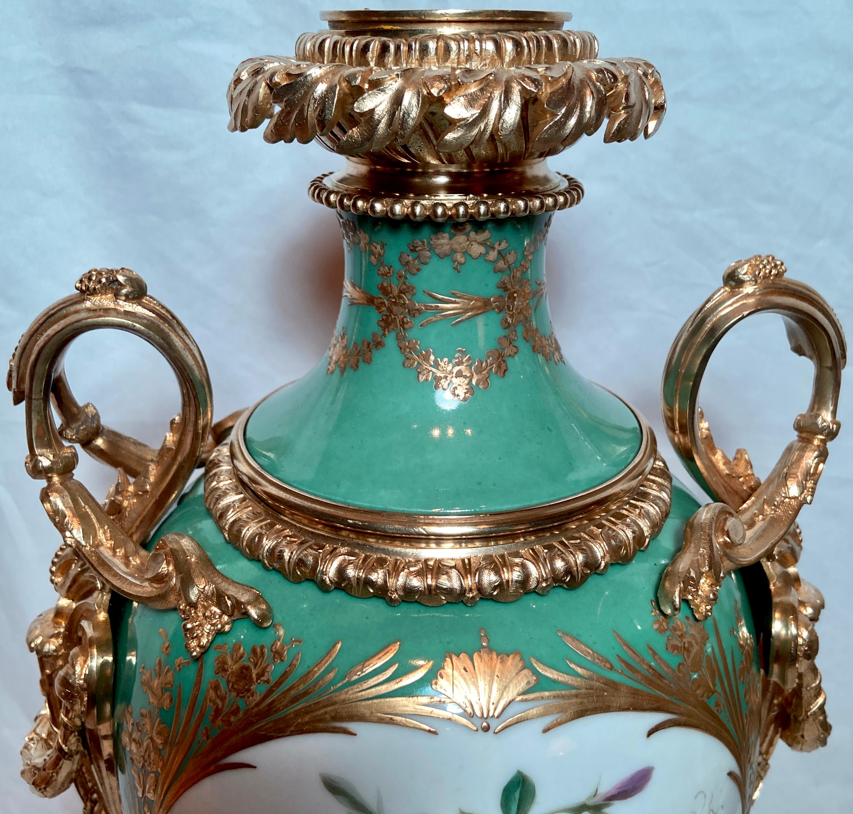 Pair Antique French Sèvres Green Porcelain & Bronze D' Ore Urns, circa 1880 For Sale 1