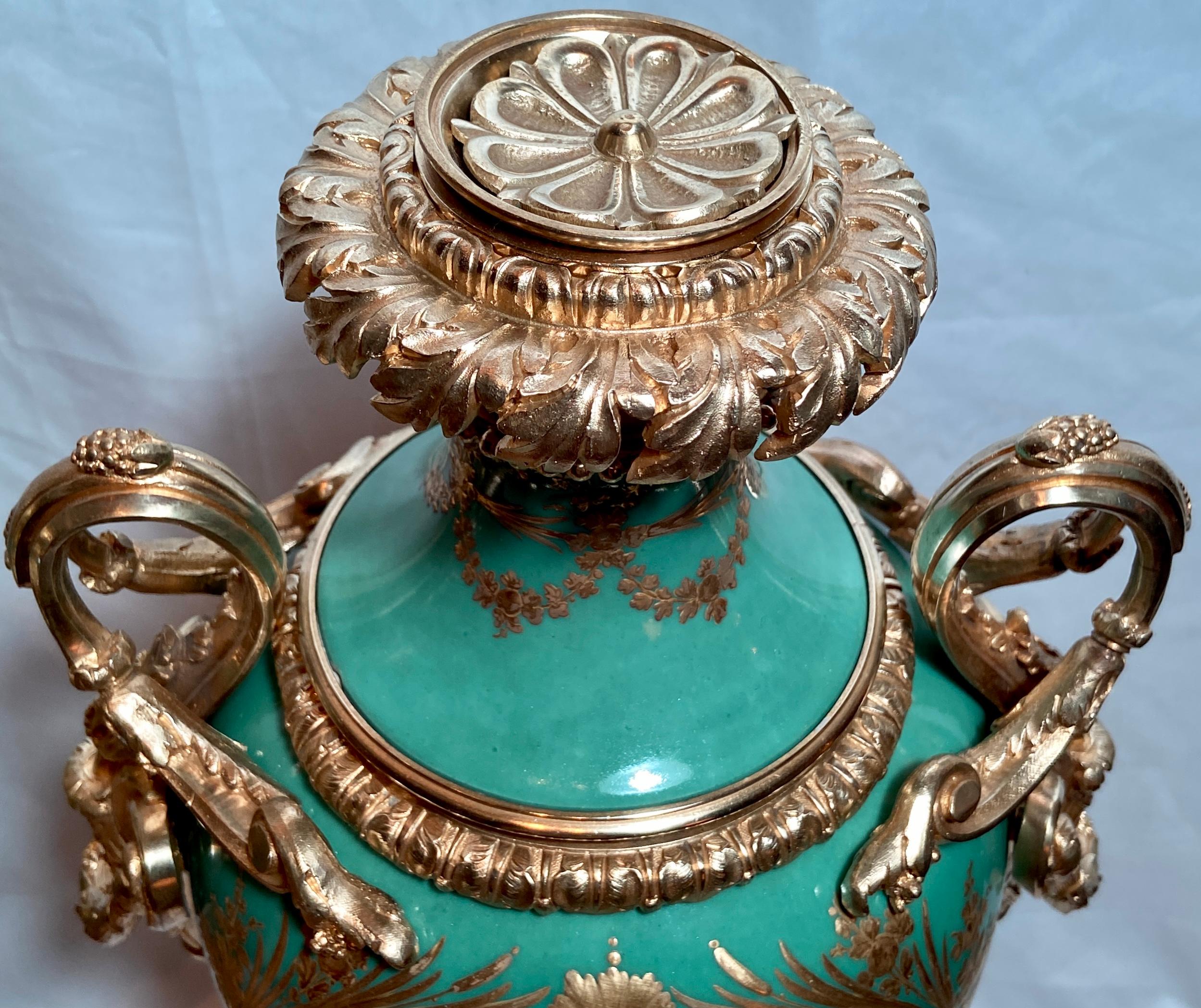 Pair Antique French Sèvres Green Porcelain & Bronze D' Ore Urns, circa 1880 For Sale 2