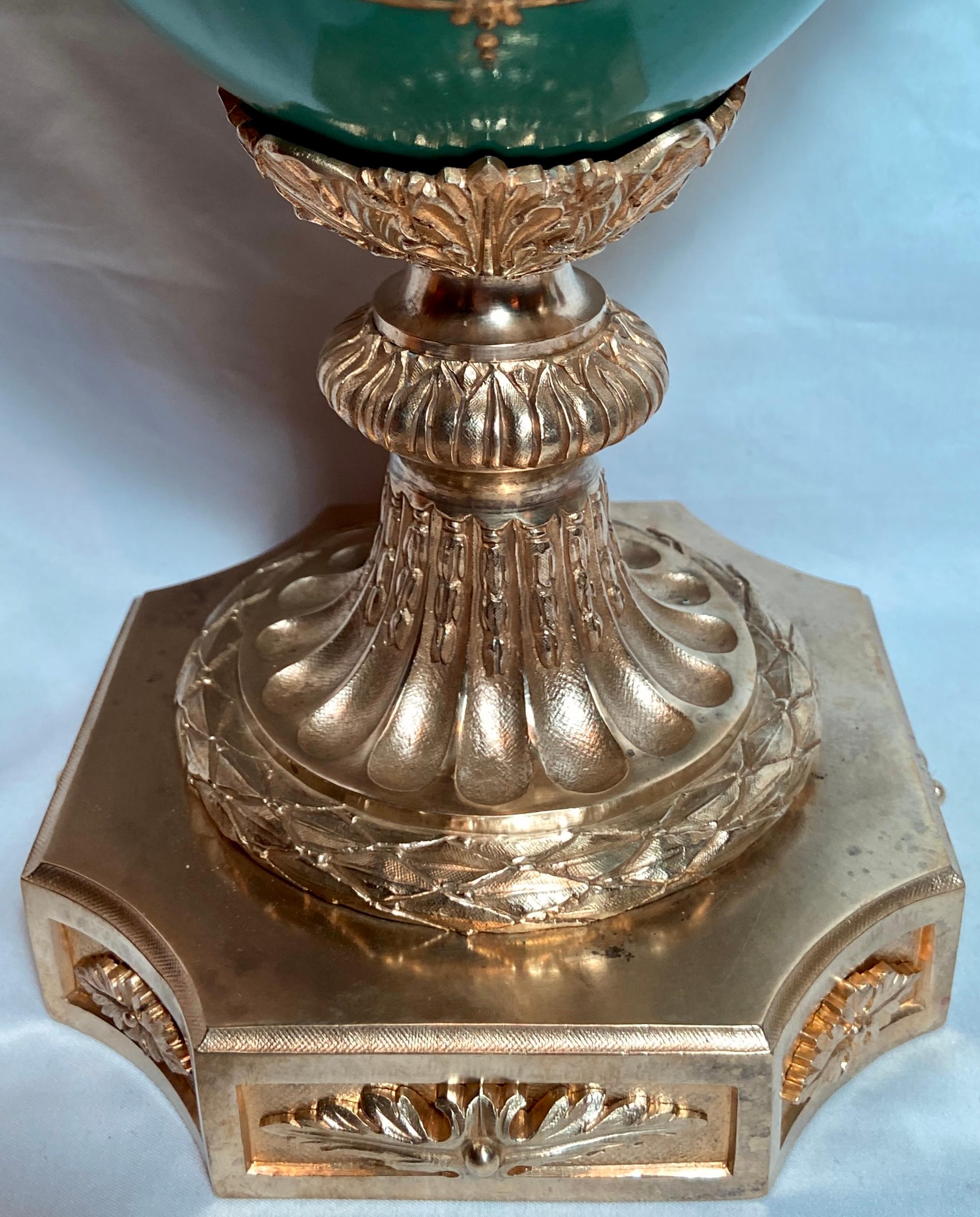 Pair Antique French Sèvres Green Porcelain & Bronze D' Ore Urns, circa 1880 For Sale 4