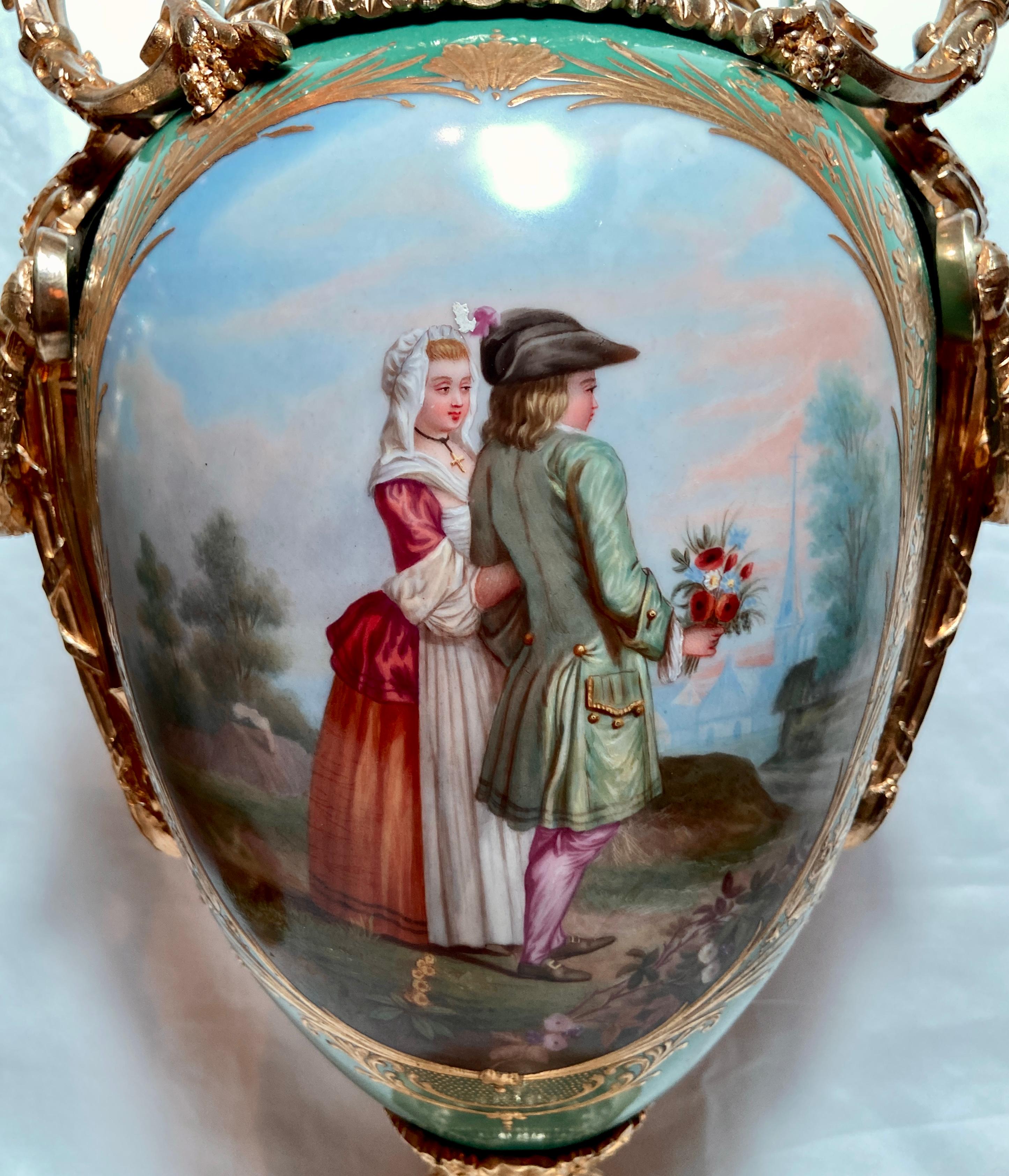 Pair Antique French Sèvres Green Porcelain & Bronze D' Ore Urns, circa 1880 For Sale 5