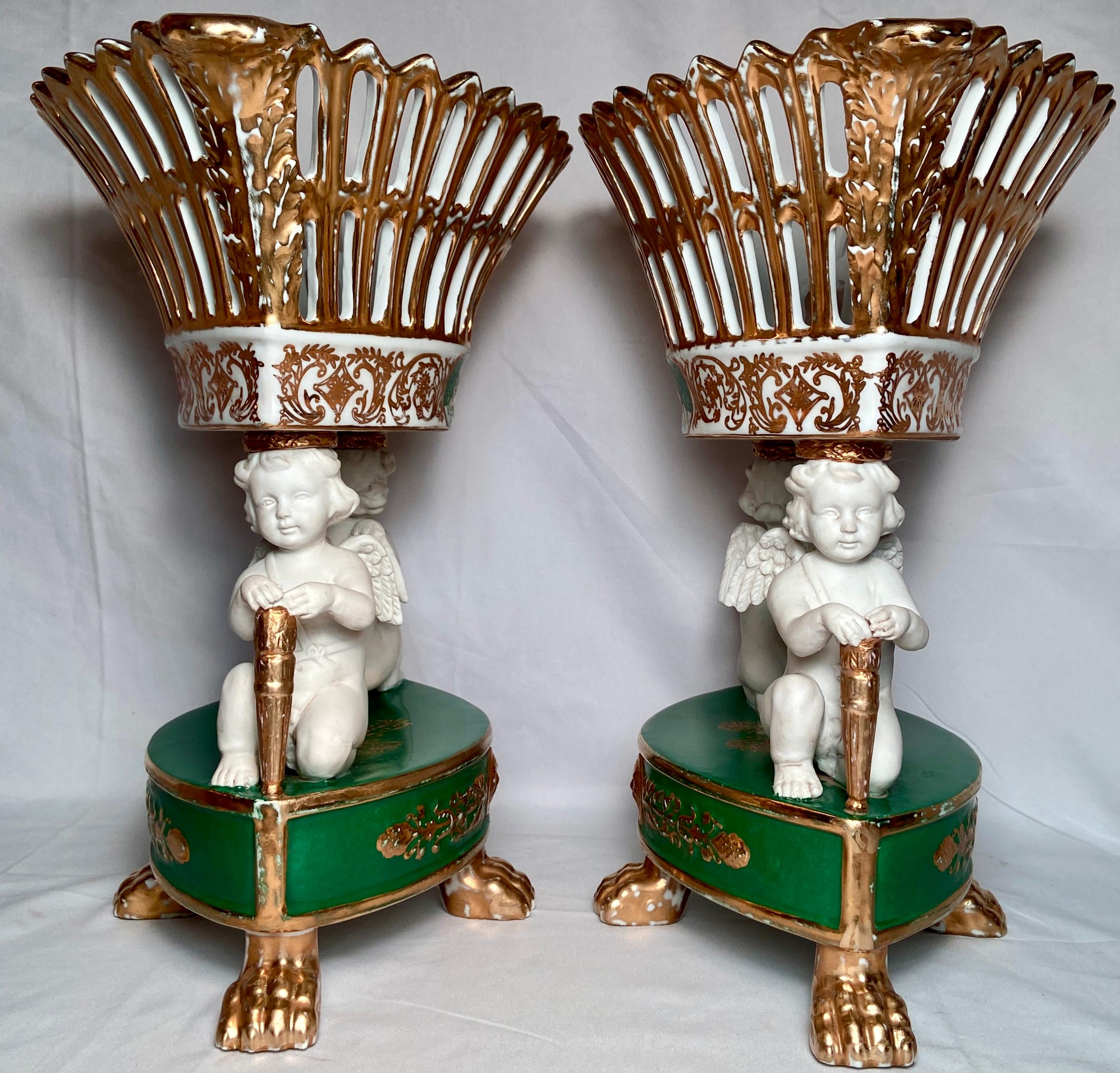 Pair Antique French Sevres Green, White & Gold Porcelain Urns, Circa 1880.