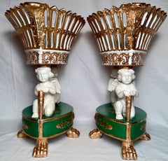 Pair Antique French Sevres Green, White & Gold Porcelain Urns, circa 1880