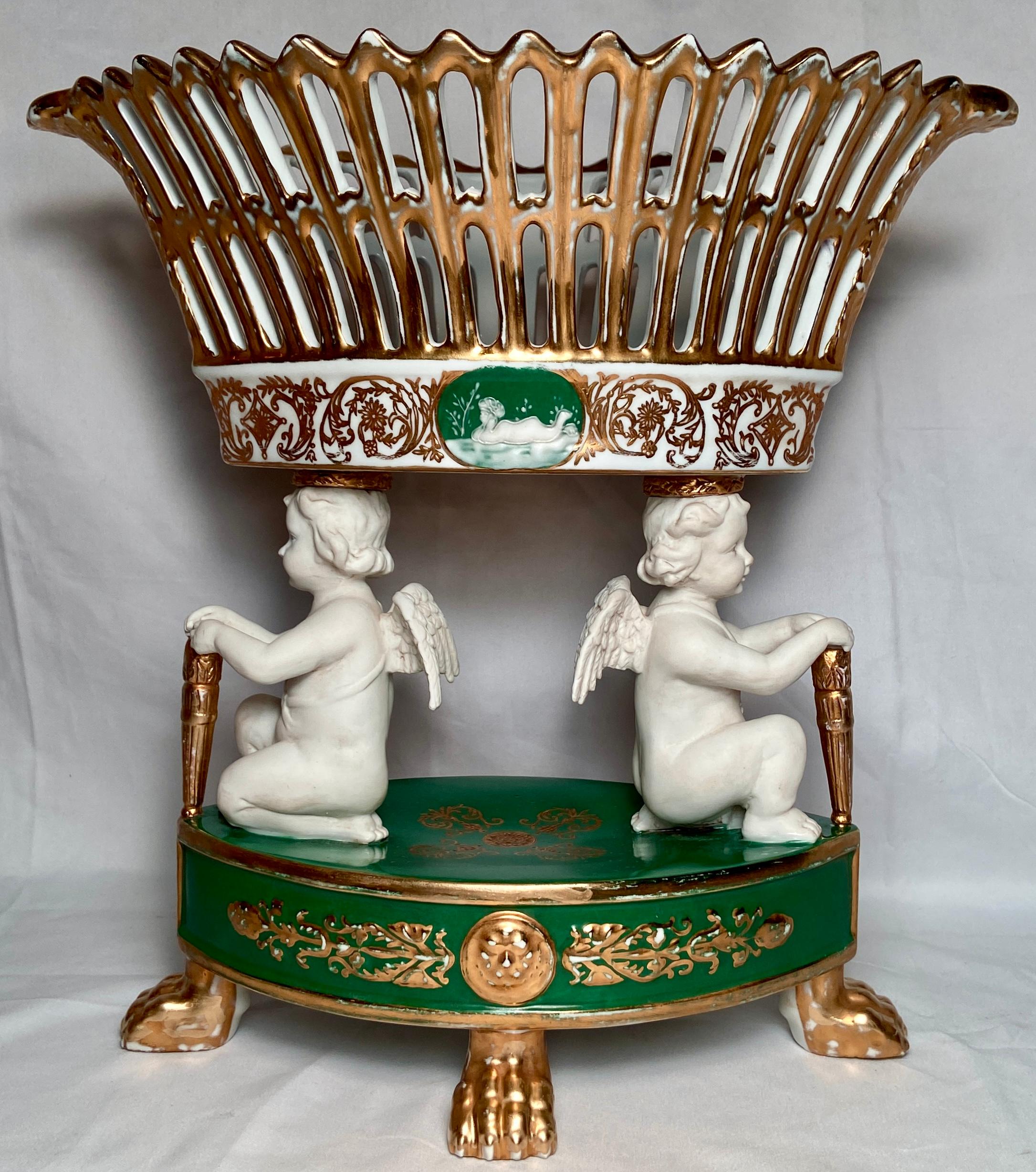 Pair Antique French Sevres Green, White & Gold Porcelain Urns, circa 1880 In Good Condition For Sale In New Orleans, LA