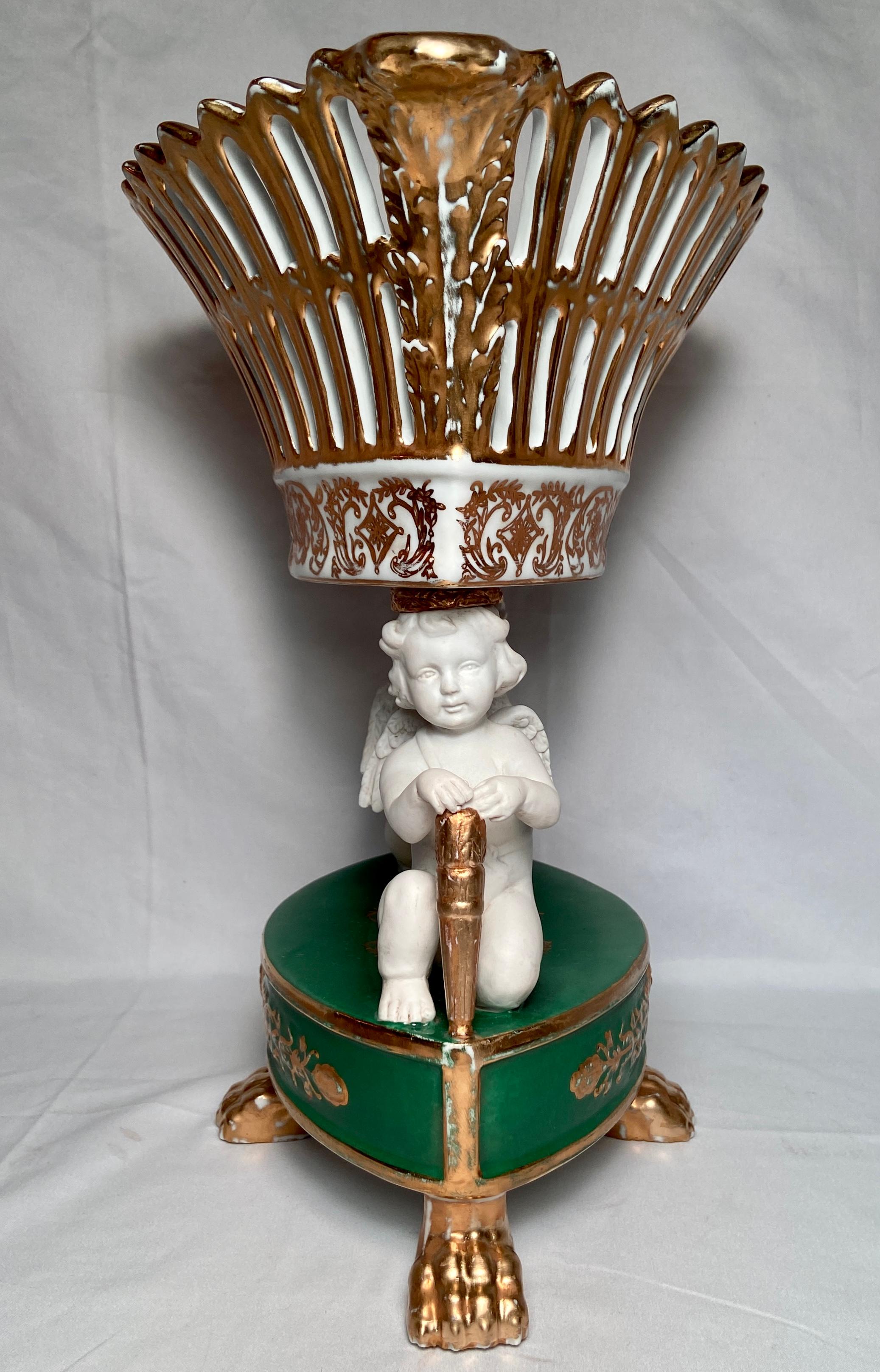 19th Century Pair Antique French Sevres Green, White & Gold Porcelain Urns, circa 1880 For Sale