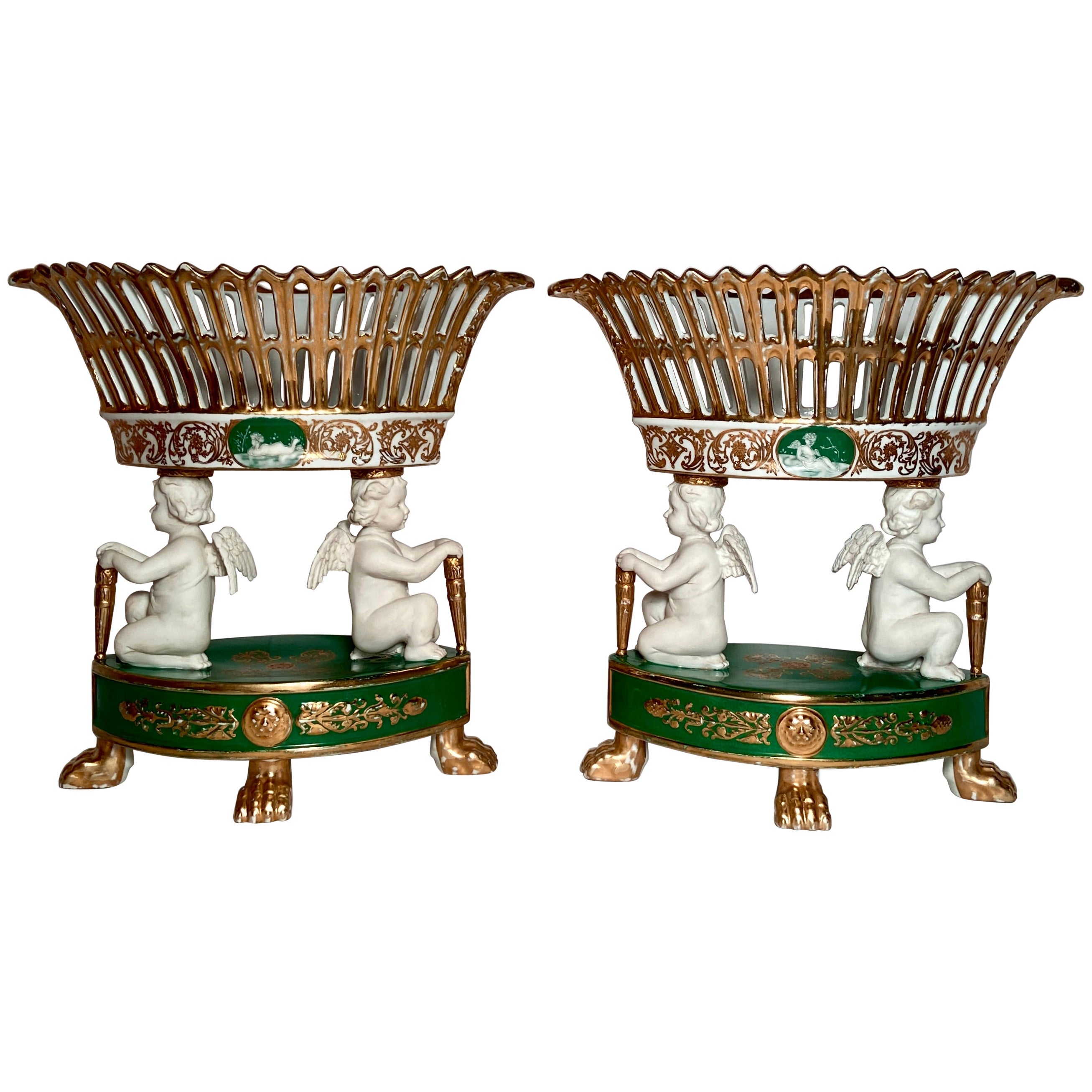 Pair Antique French Sevres Green, White 
Gold Porcelain Urns, circa 1880