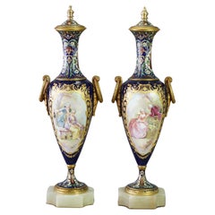 Pair Antique French Sevres Hand Painted Porcelain Champleve & Bronze Urns 19thC