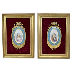 Pair Antique French Sevres Ormolu Gilt Bronze Plaques Louis XV1 Marie Antoinette