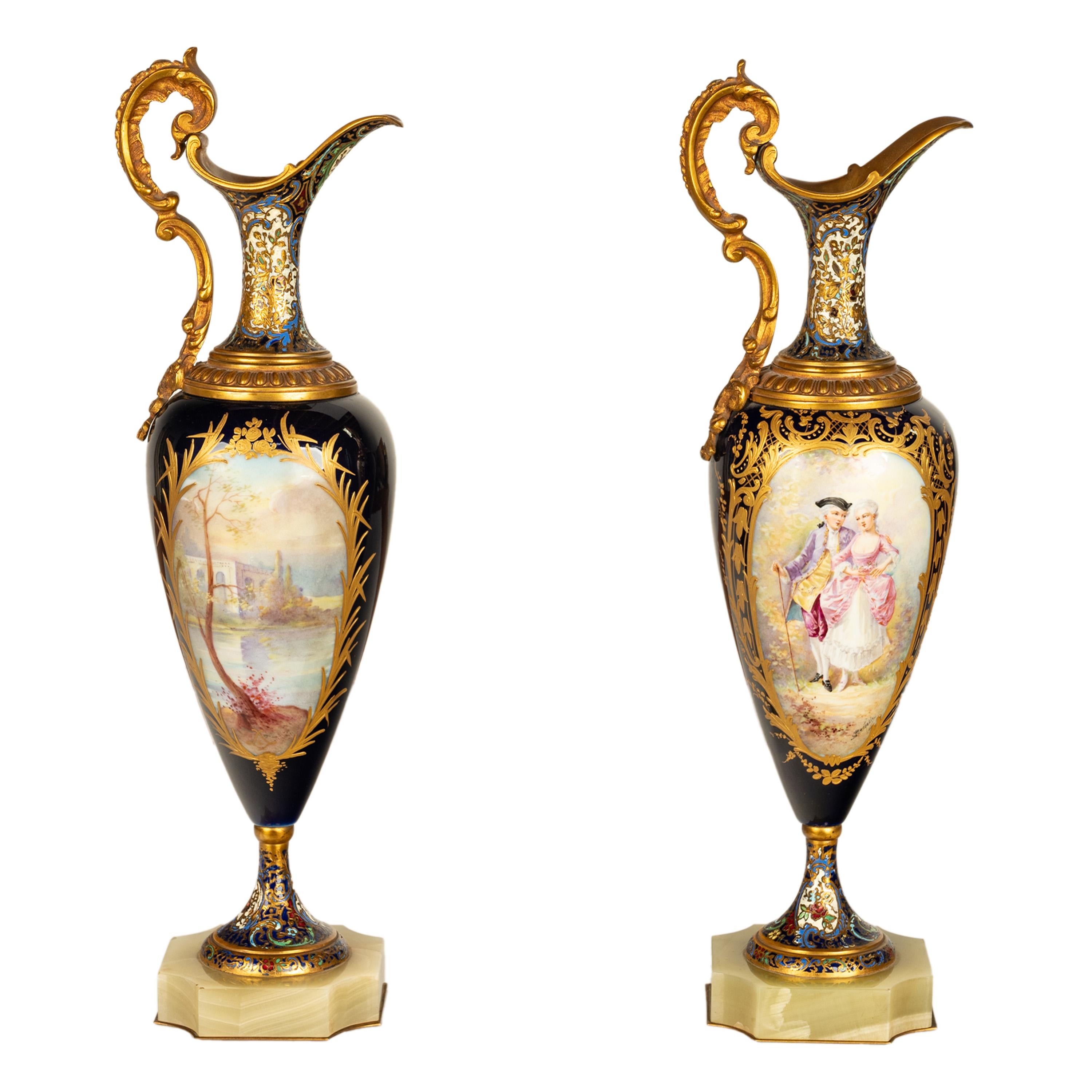 Luigi XV Coppia Antique French Sèvres Porcelain Champleve Ormolu Ewers Signed Rochette 1890 in vendita