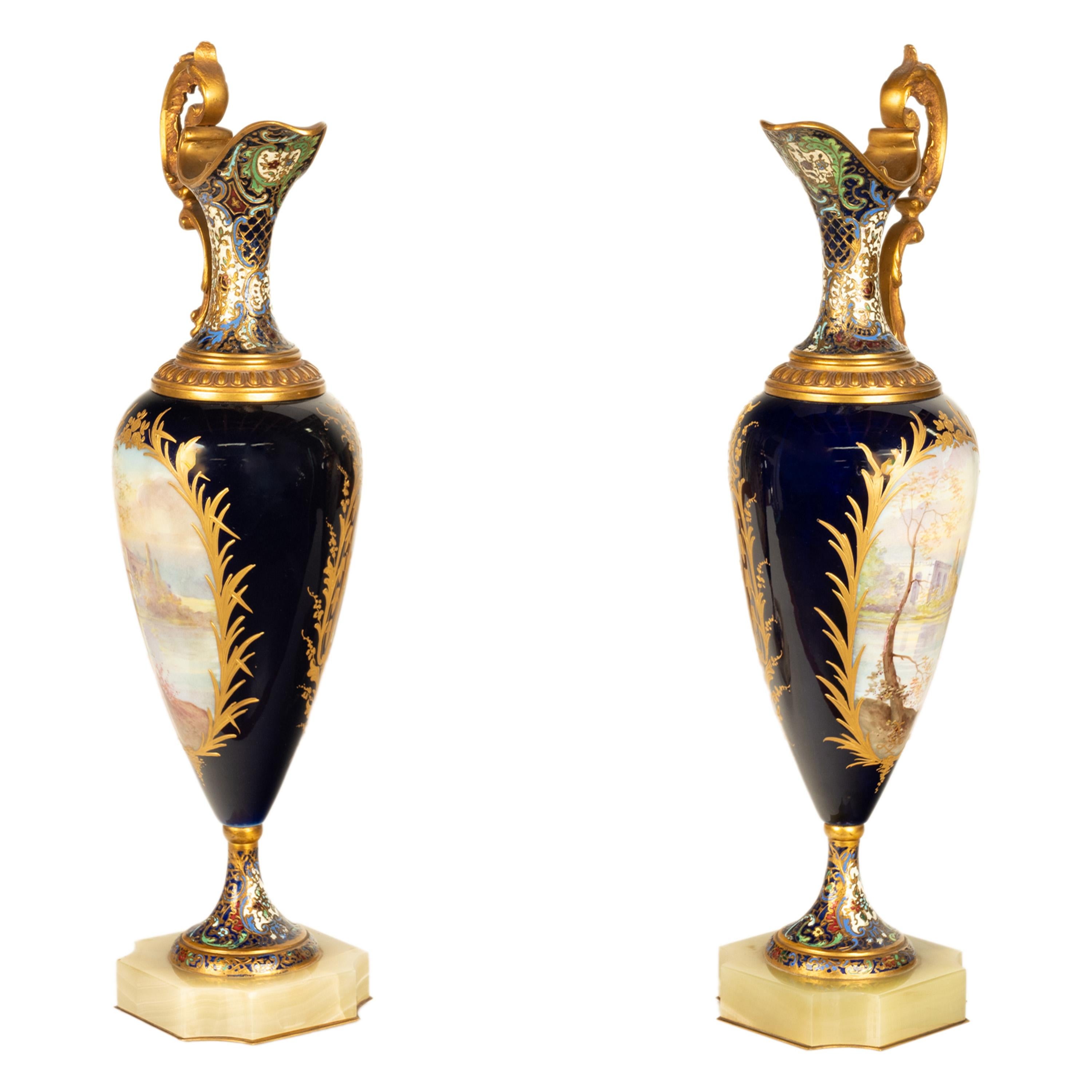 Francese Coppia Antique French Sèvres Porcelain Champleve Ormolu Ewers Signed Rochette 1890 in vendita
