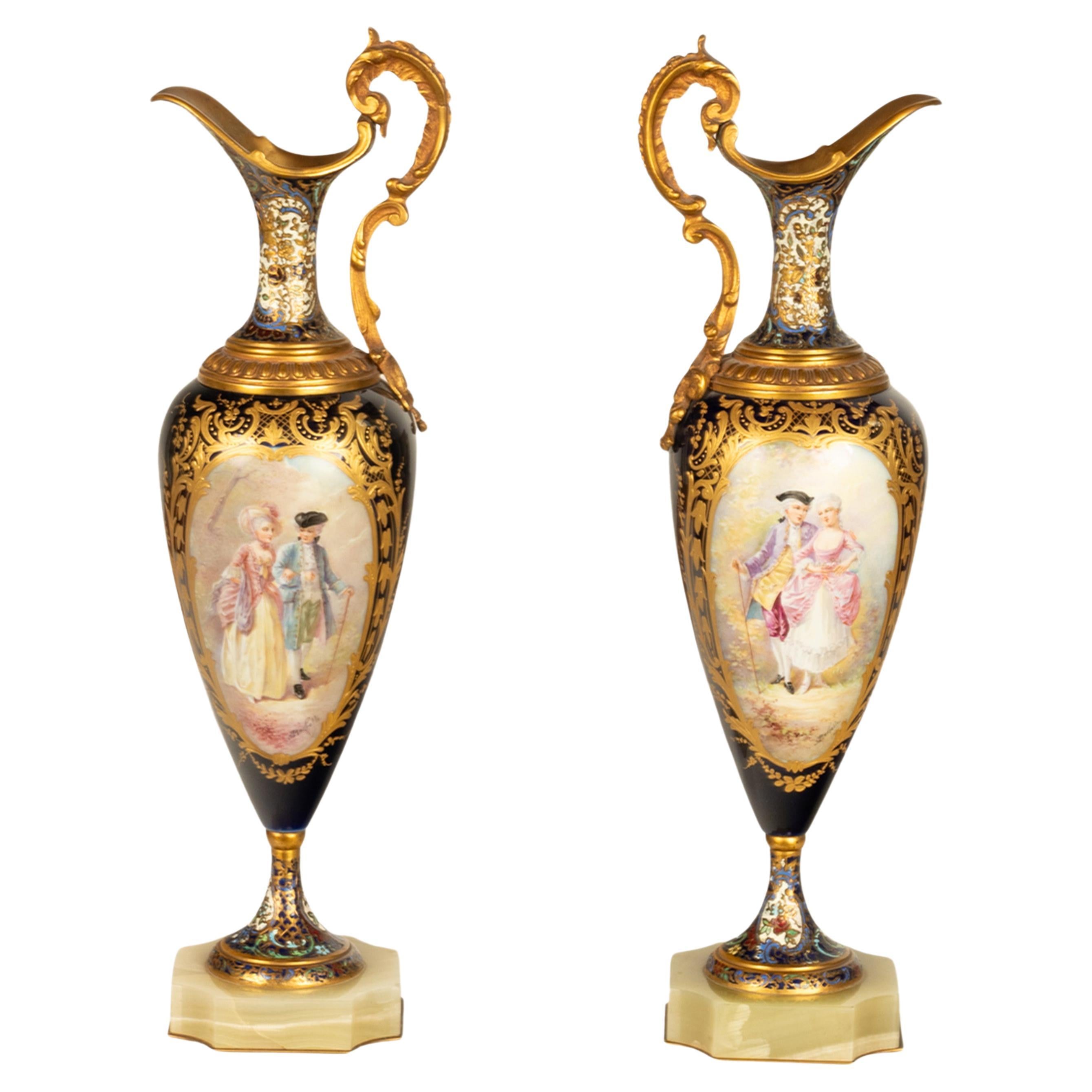 Coppia Antique French Sèvres Porcelain Champleve Ormolu Ewers Signed Rochette 1890