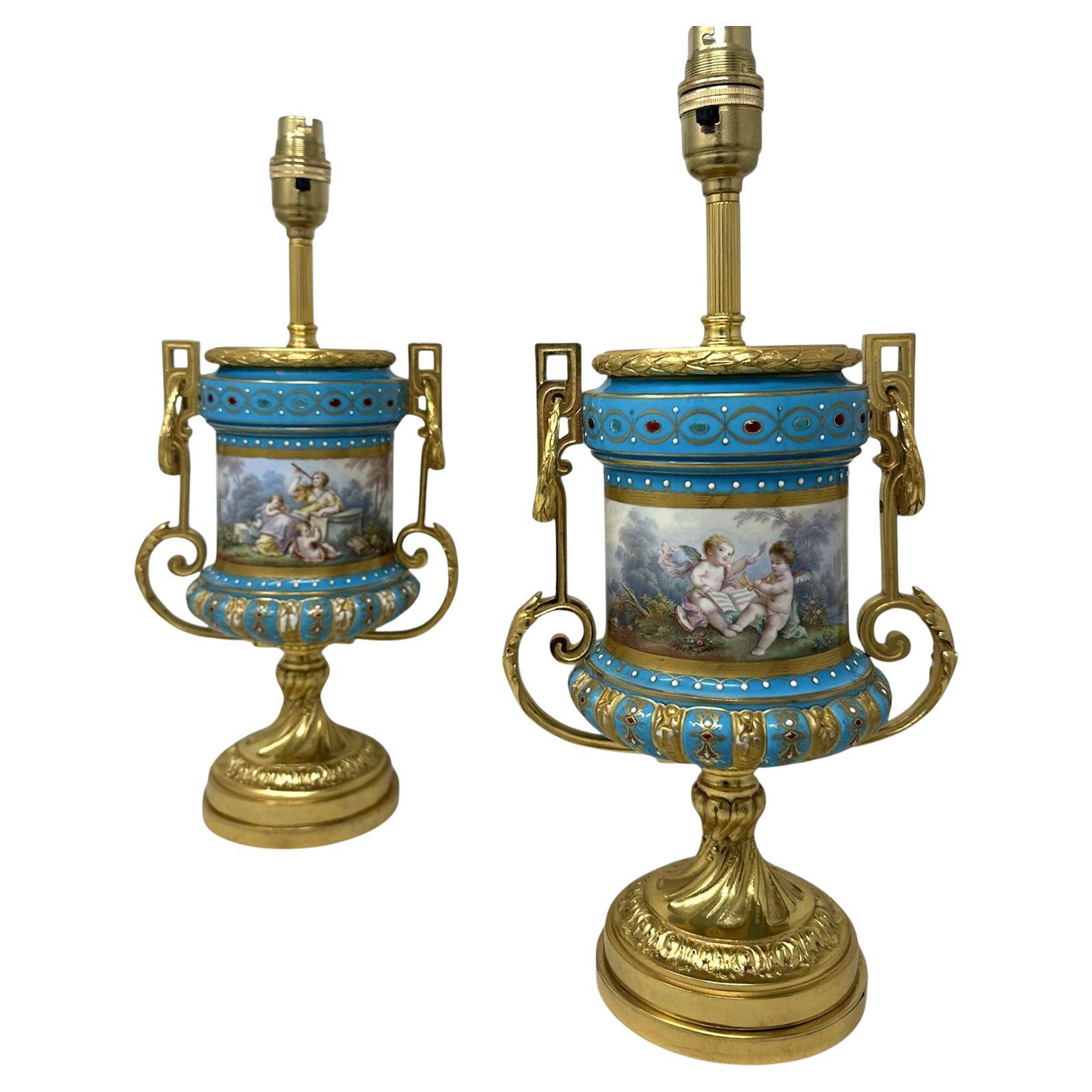Pair Antique French Sèvres Porcelain Ormolu Celeste Blue Jewell Table Urns Lamps