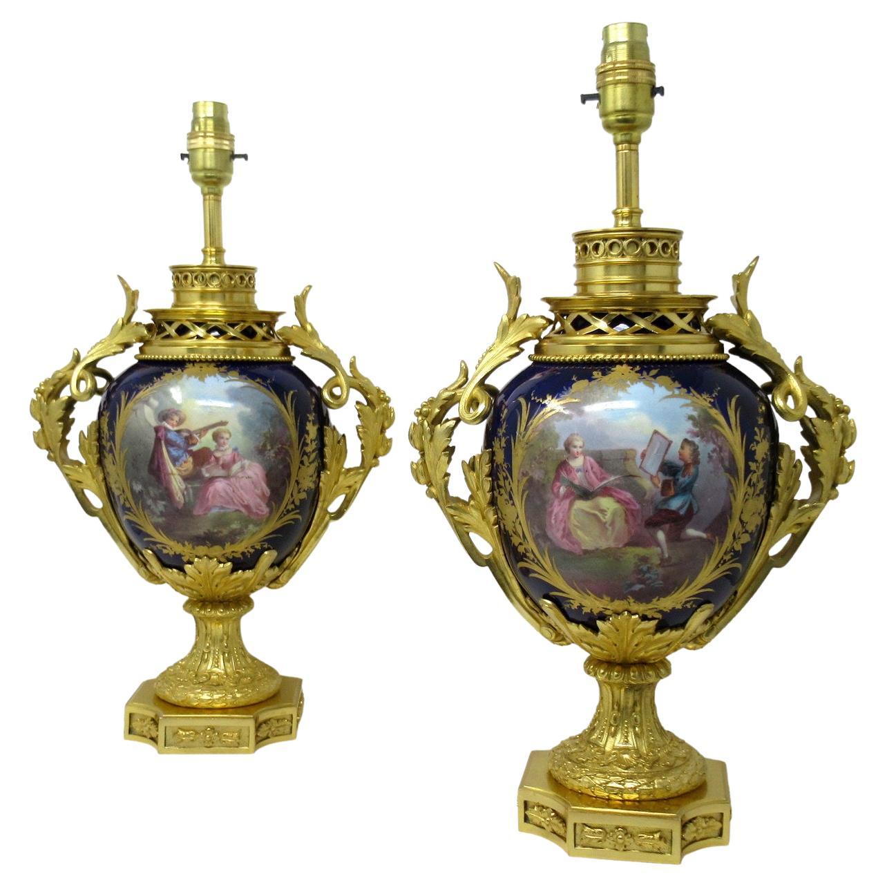 Pair Antique French Sèvres Porcelain Ormolu Gilt Bronze Dore Table Urn Lamps 