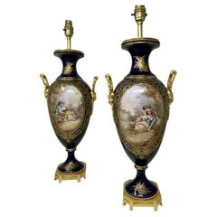 Pair Used French Sèvres Porcelain Ormolu Gilt Bronze Dore Table Urn Lamps 