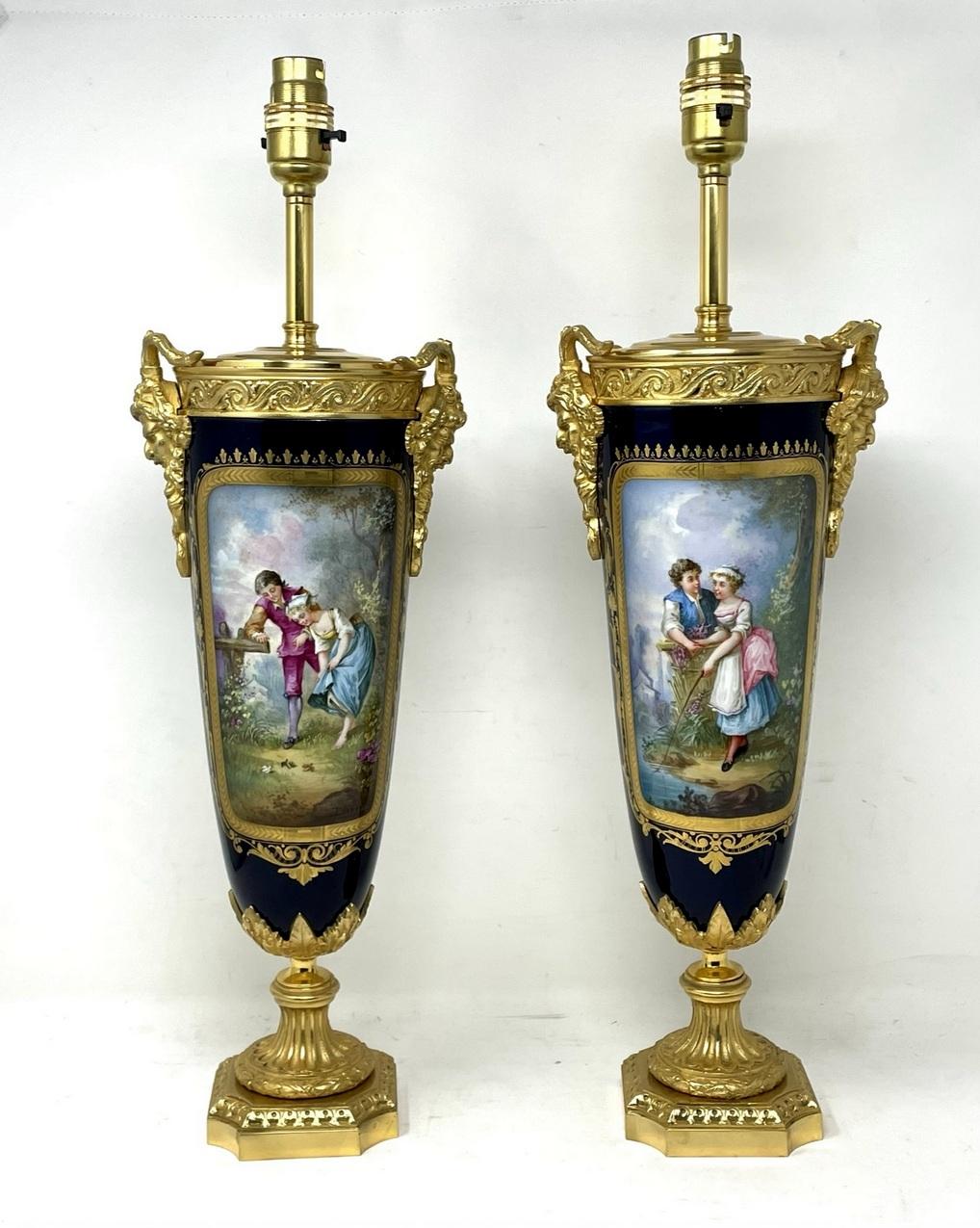 Late Victorian Pair Antique French Sèvres Porcelain Ormolu Gilt Bronze Dore Table Urns Lamps For Sale