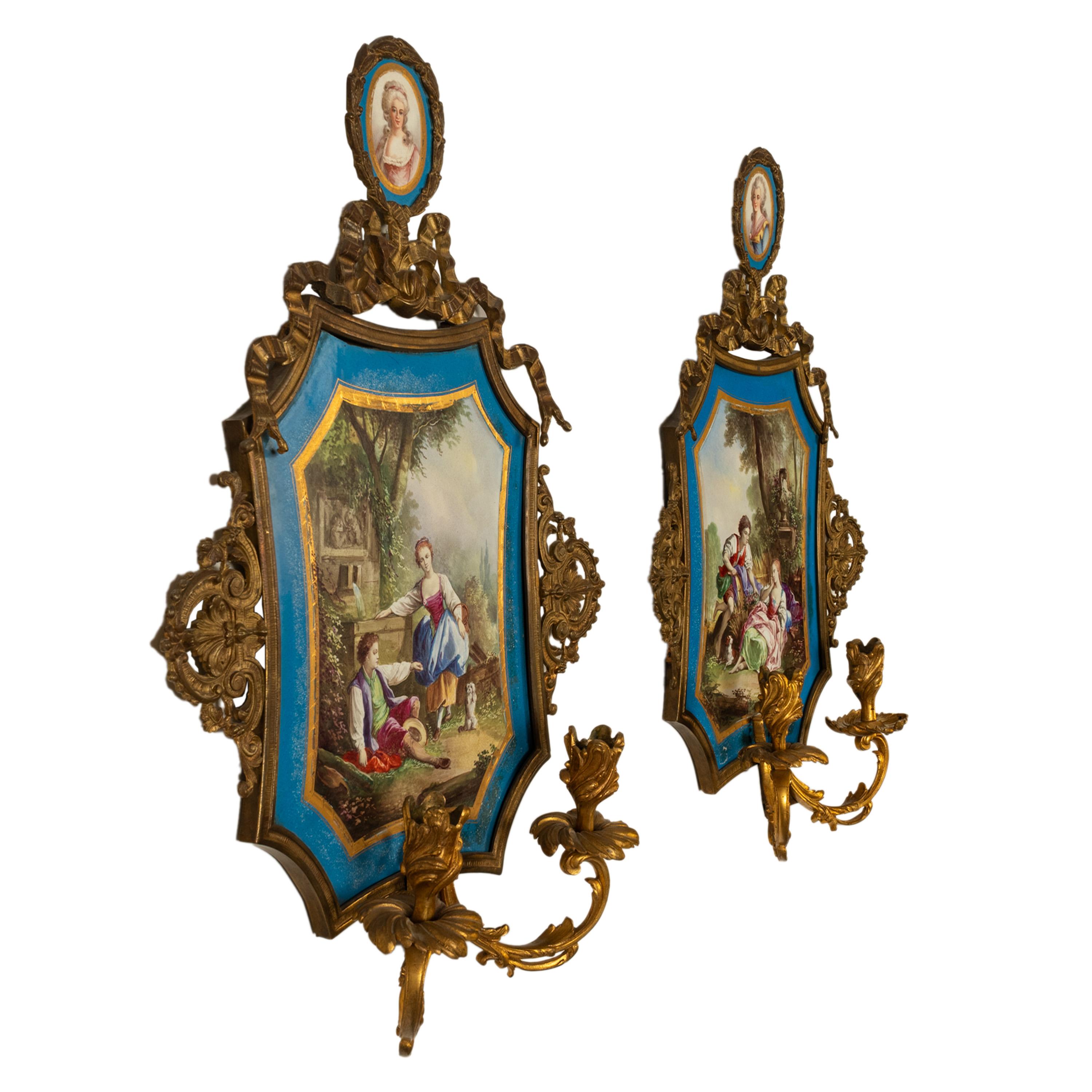Louis XVI Pair Antique French Sevres Portrait Porcelain Ormolu Wall Sconces Candle Lights For Sale