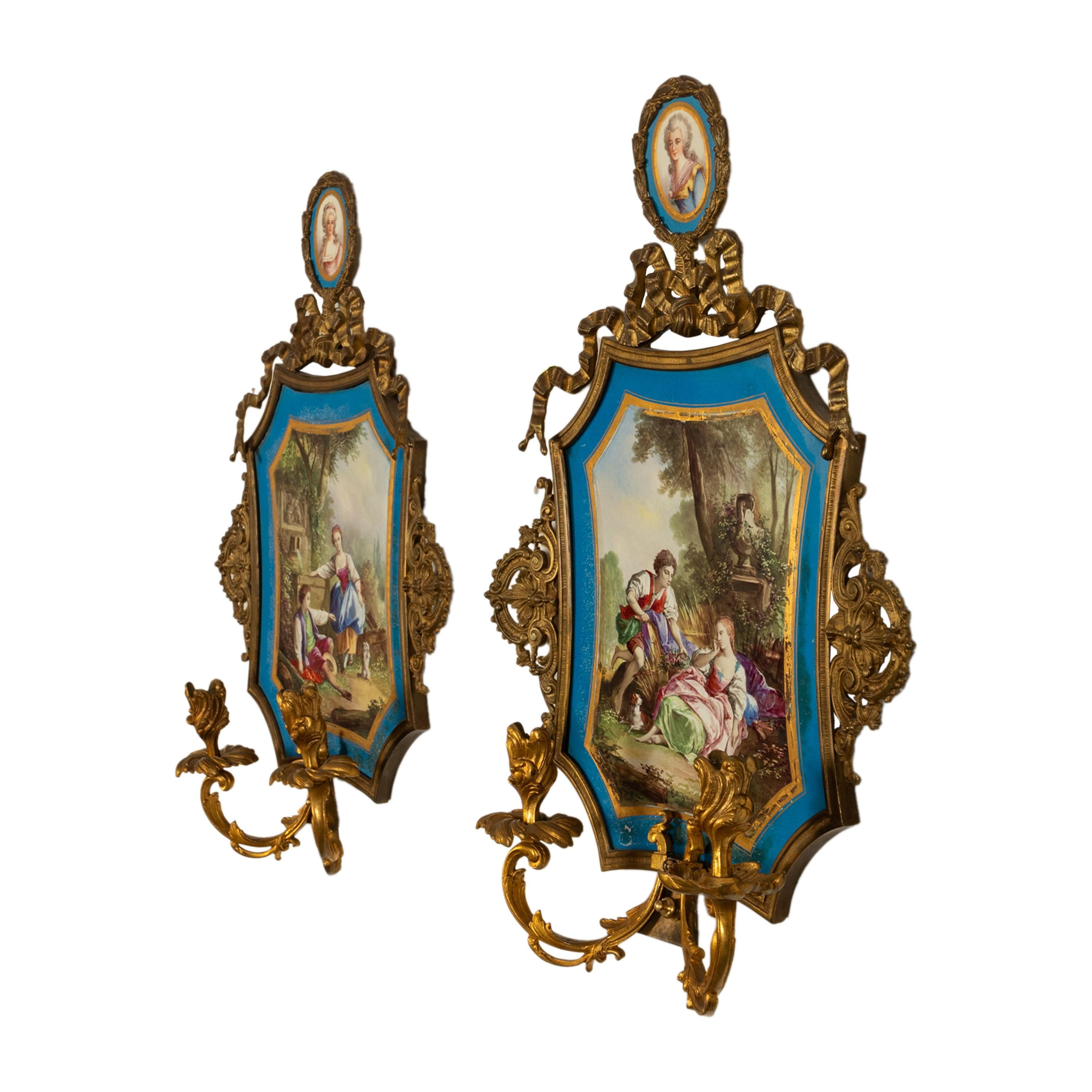 Cast Pair Antique French Sevres Portrait Porcelain Ormolu Wall Sconces Candle Lights For Sale