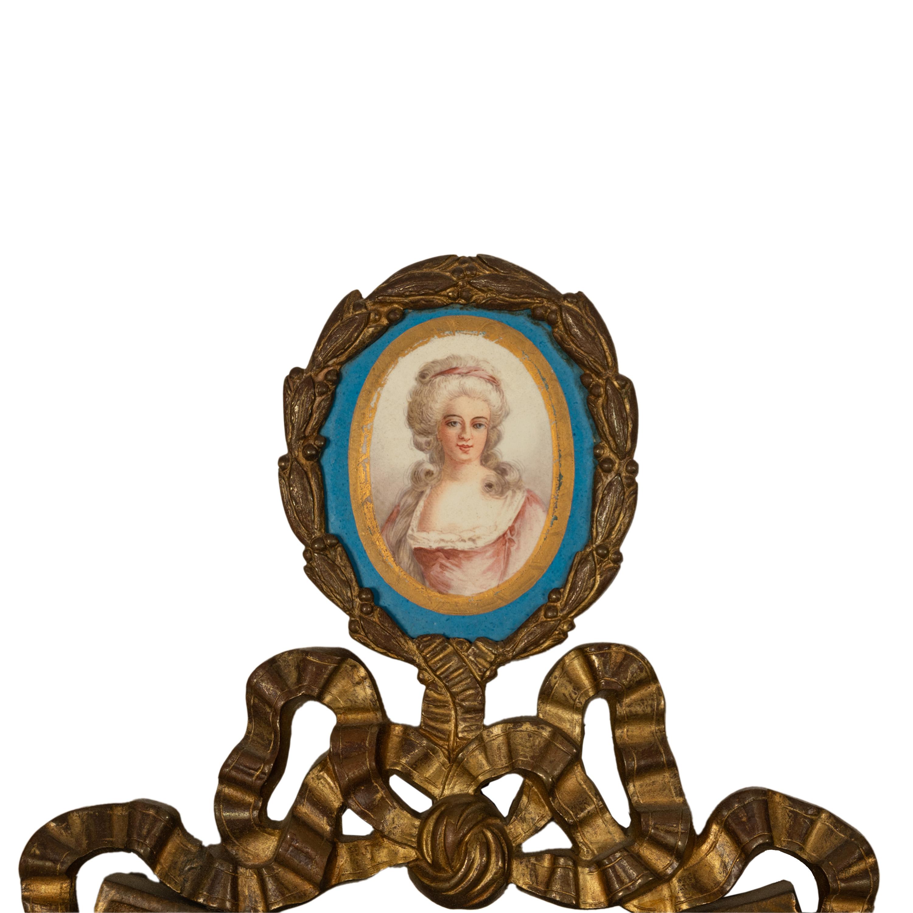 Pair Antique French Sevres Portrait Porcelain Ormolu Wall Sconces Candle Lights In Good Condition For Sale In Portland, OR
