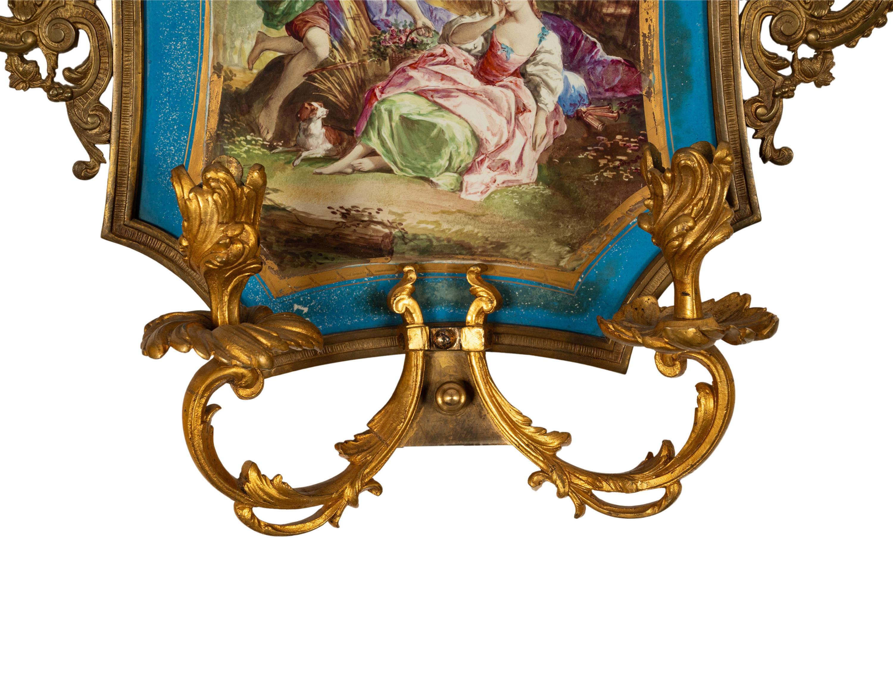 Bronze Pair Antique French Sevres Portrait Porcelain Ormolu Wall Sconces Candle Lights For Sale