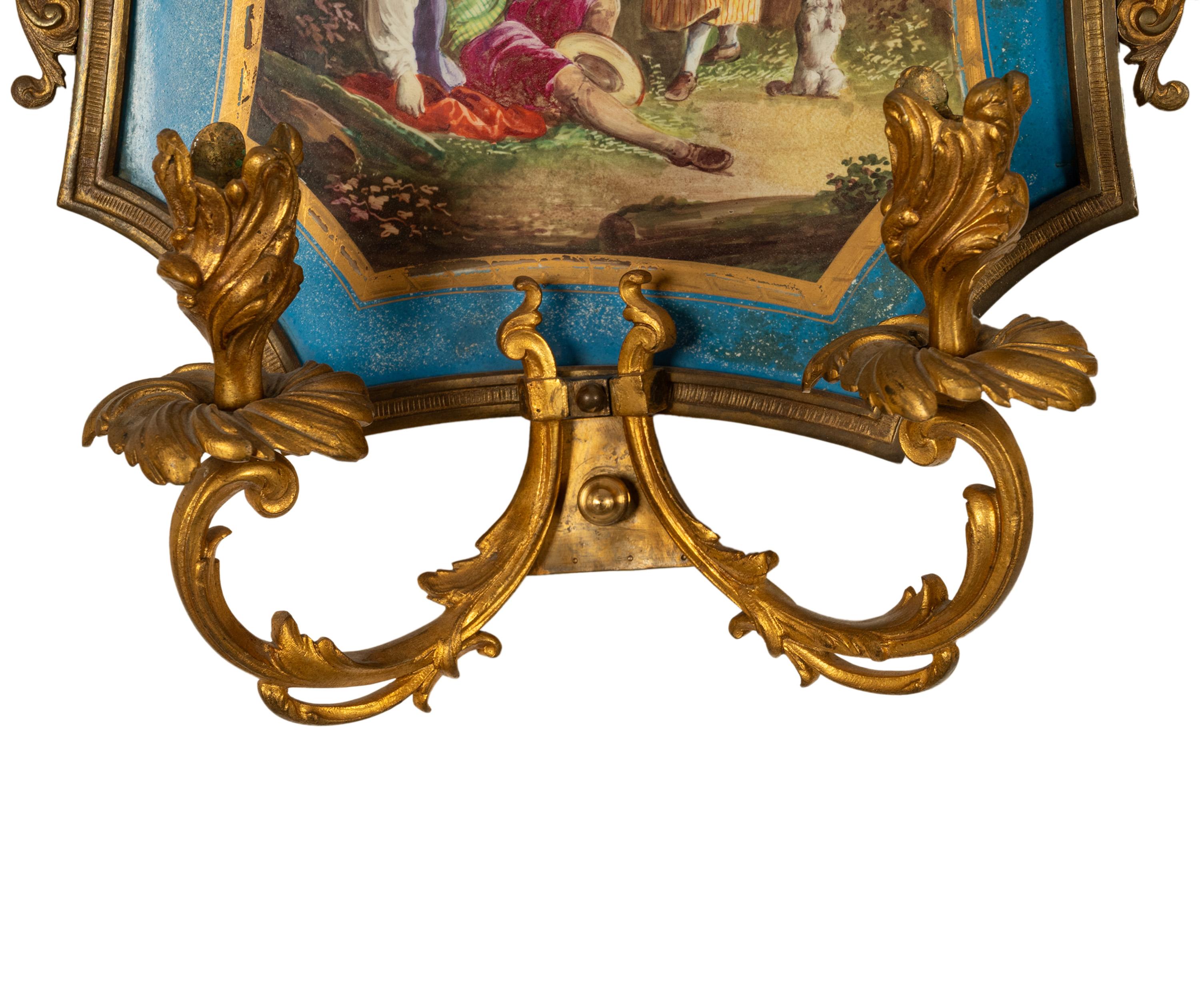 Pair Antique French Sevres Portrait Porcelain Ormolu Wall Sconces Candle Lights For Sale 1